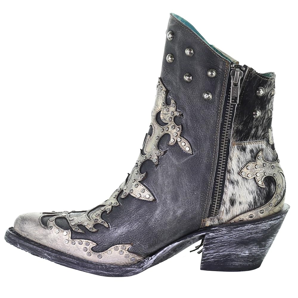 Women's Corral Boots - Metallic Overlay Studded Fringe Pointed Toe Ankle Boots with 1-2