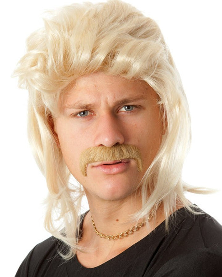 80s Blonde Mullet Wig with Mustache Set - Retro 80s Costume Accessories for Halloween, Cosplay, and Themed Parties - Perfect for 80s Theme Parties and Disco Nights