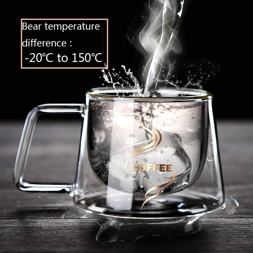 Double Wall Insulated Glass Coffee Mug with Handle - 4oz Clear Heat Resistant Cup for Hot & Cold Drinks - Dishwasher Safe for Tea, Milk, Latte, Espresso, Cappuccino, Juice & Iced Beverages - Perfect for Home, Office & Cafe Use