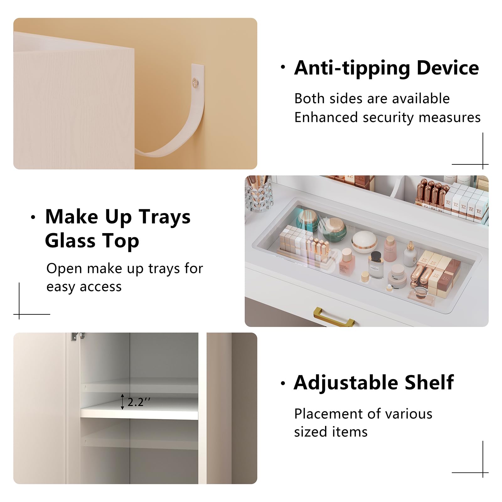 White Makeup Vanity Desk with LED Lights & Mirror - Large Dressing Table with Charging Station, Glass Top & 2 Storage Cabinets - Perfect for Bedroom, Salon & Home Beauty Setup