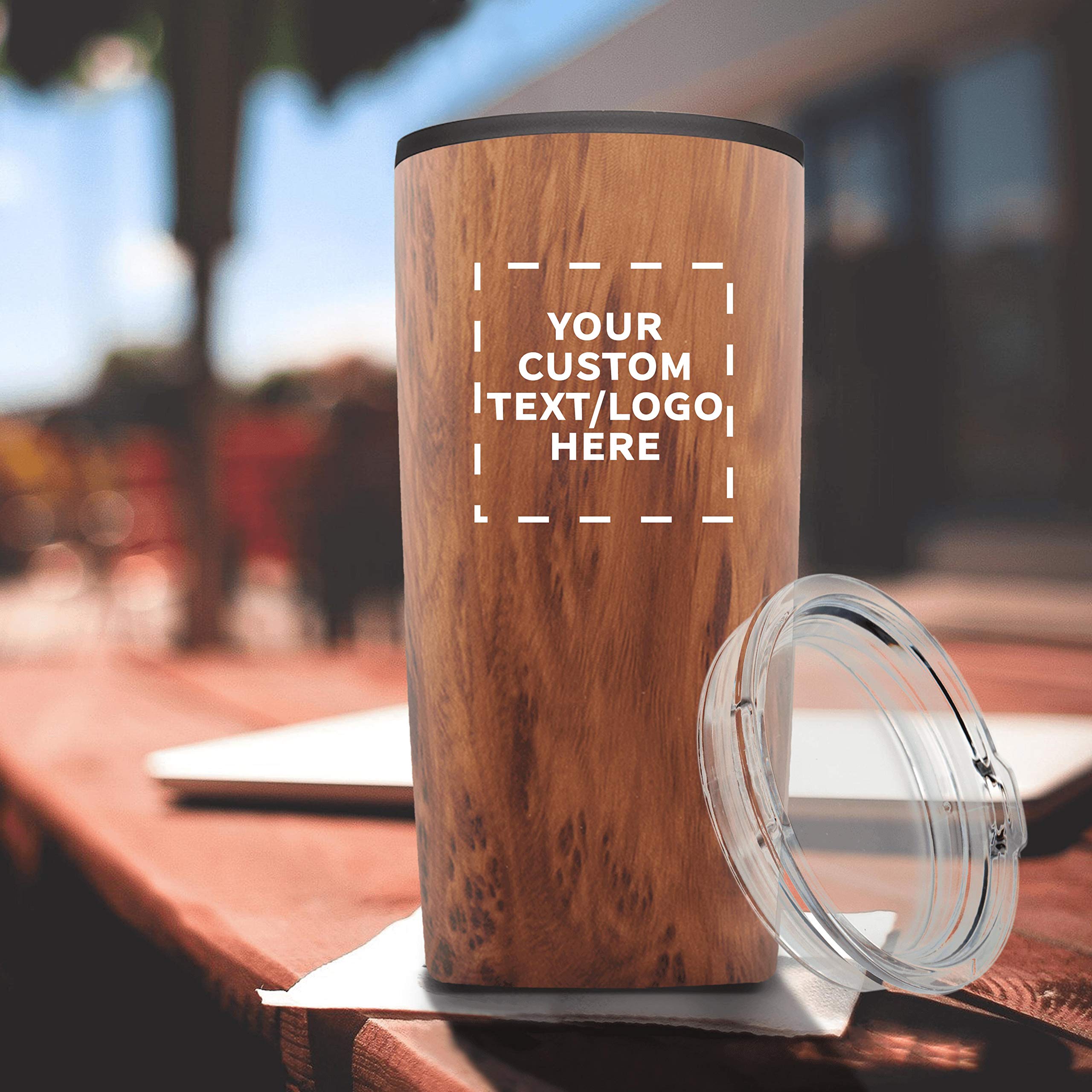 24-Pack Custom 20 oz Plastic Tumblers with Lids - Insulated Personalized Bulk Coffee Cups for Iced Drinks, Travel & Outdoor Use - Wood Grain Design