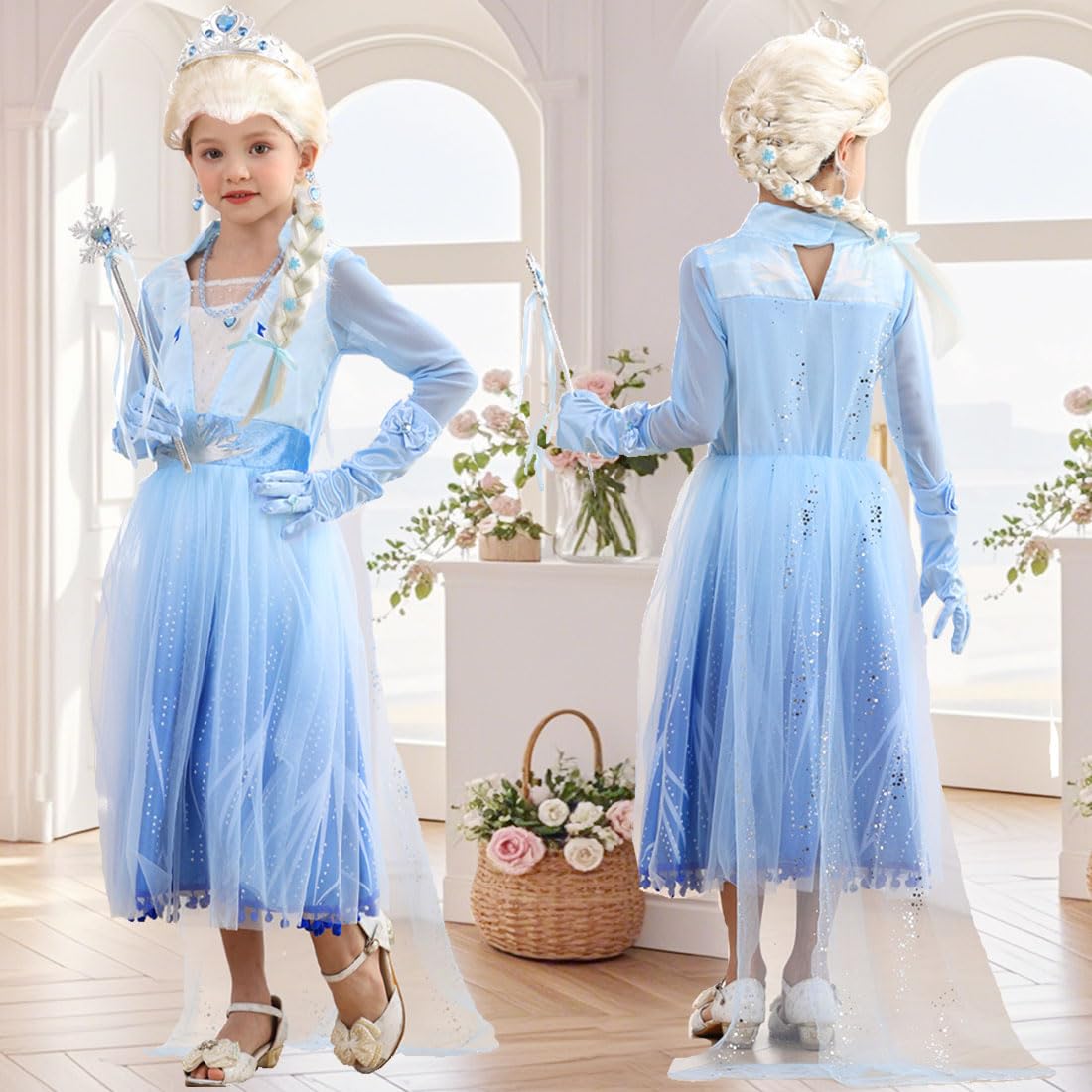 **Elsa Costume for Toddler Girls - Frozen Snow Princess Dress with Wig (Blue) | Halloween, Birthday Party, Christmas Dress Up & Role Play**