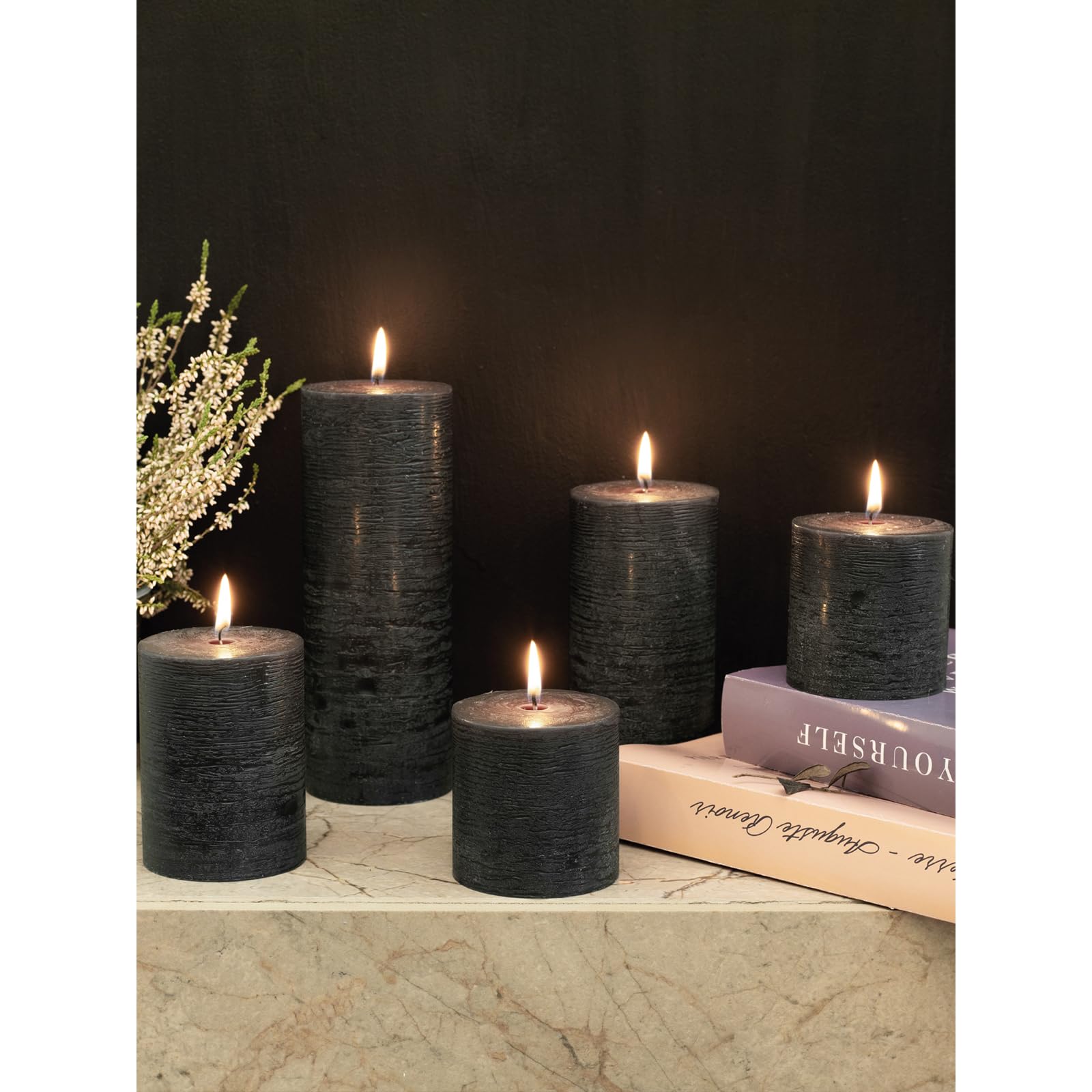 Large Pillar Candles 3x6 Inch - Set of 3 Unscented Black Candles for Halloween Decor & Home Styling