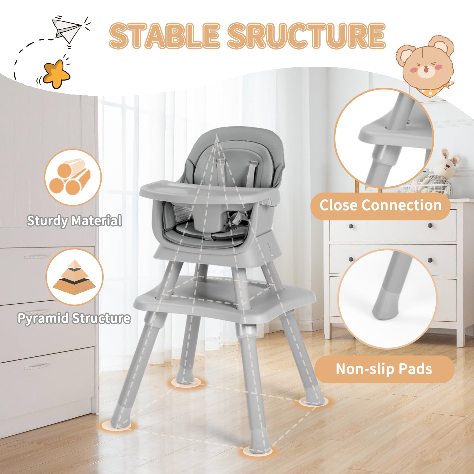 Kinder King 8-in-1 Convertible Baby High Chair - Dining Booster Seat, Kids Table & Chair Set, Toddler Building Block Table with Removable Tray & Washable Seat Covers (Grey & White) - Perfect for Mealtime, Playtime & Learning Activities at Home or Daycare