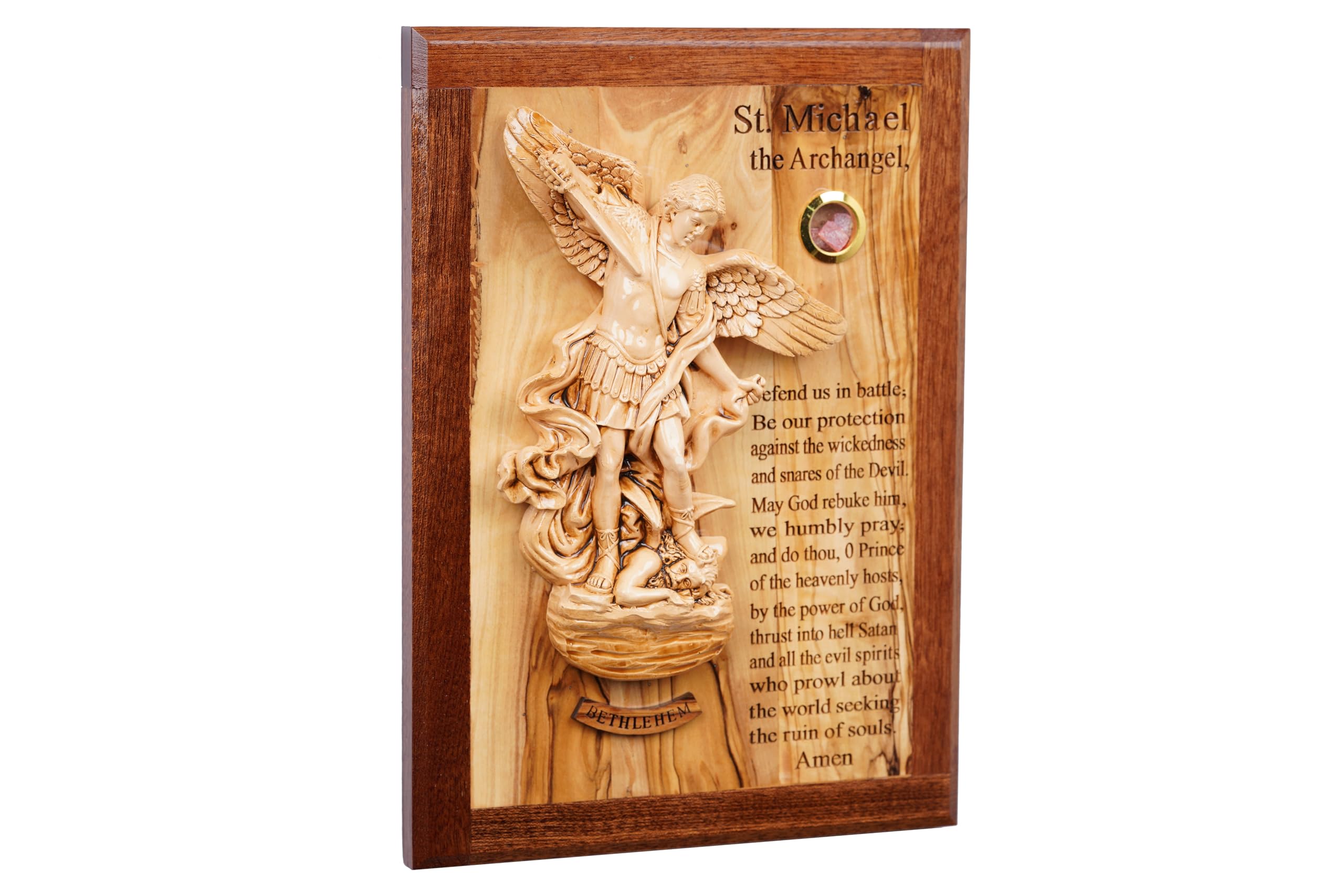 Handmade St. Michael Wall Sculpture - Olive Wood Religious Art from Holy Land | Archangel Michael Prayer Decor for Home, Church & Spiritual Spaces
