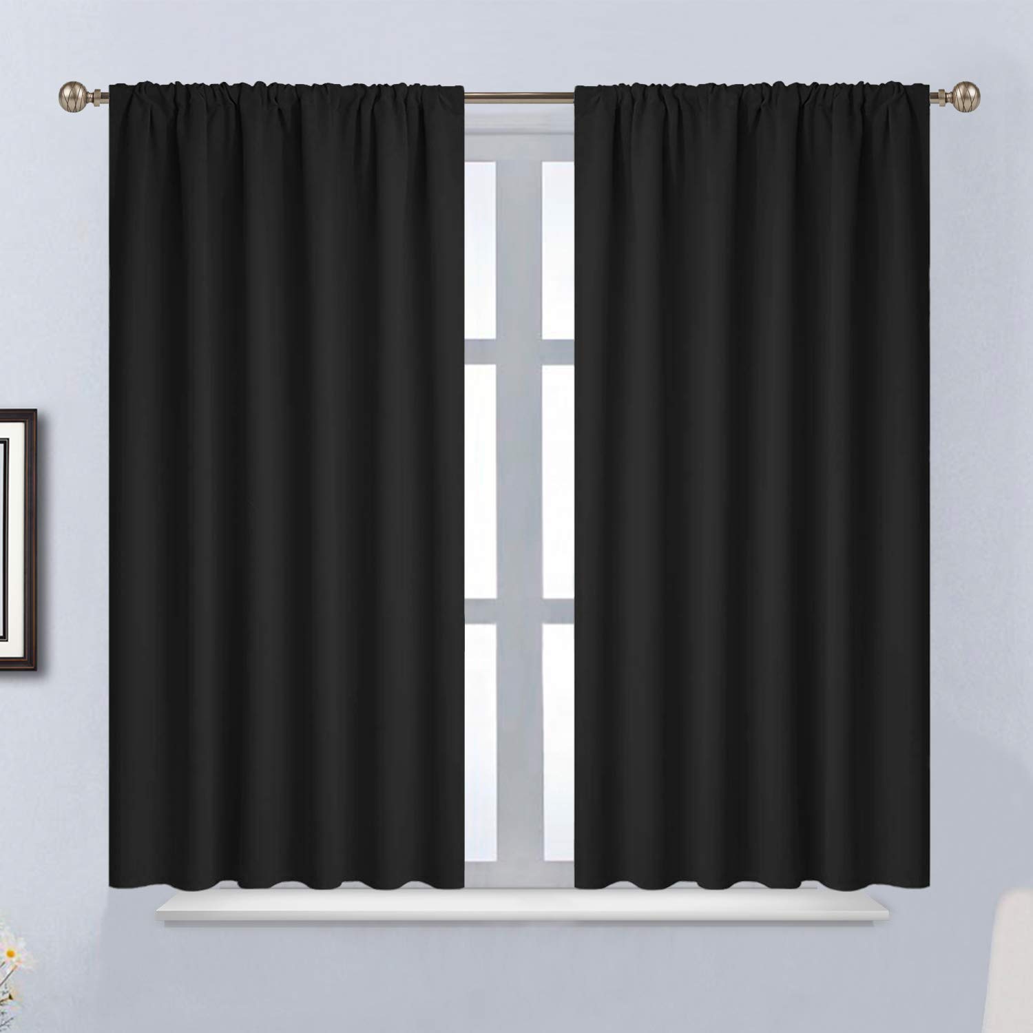 Yakamok Blackout Curtains for Bedroom & Living Room - Thermal Insulated Room Darkening Drapes with Rod Pocket, 2 Panels (52W x 45L Inch, Black) - Perfect for Light Blocking, Privacy & Energy Efficiency
