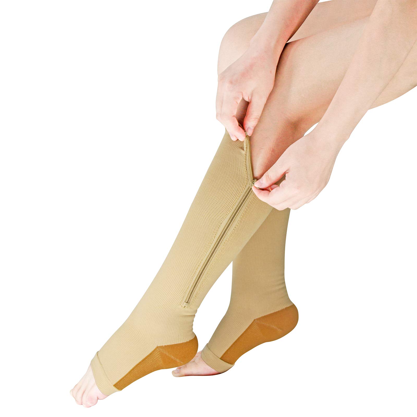 YUSHOW 3 Pairs Open Toe Compression Socks for Women - Breathable Zipper Support Stockings, Knee High Toeless Socks for Running, Travel & Varicose Vein Relief