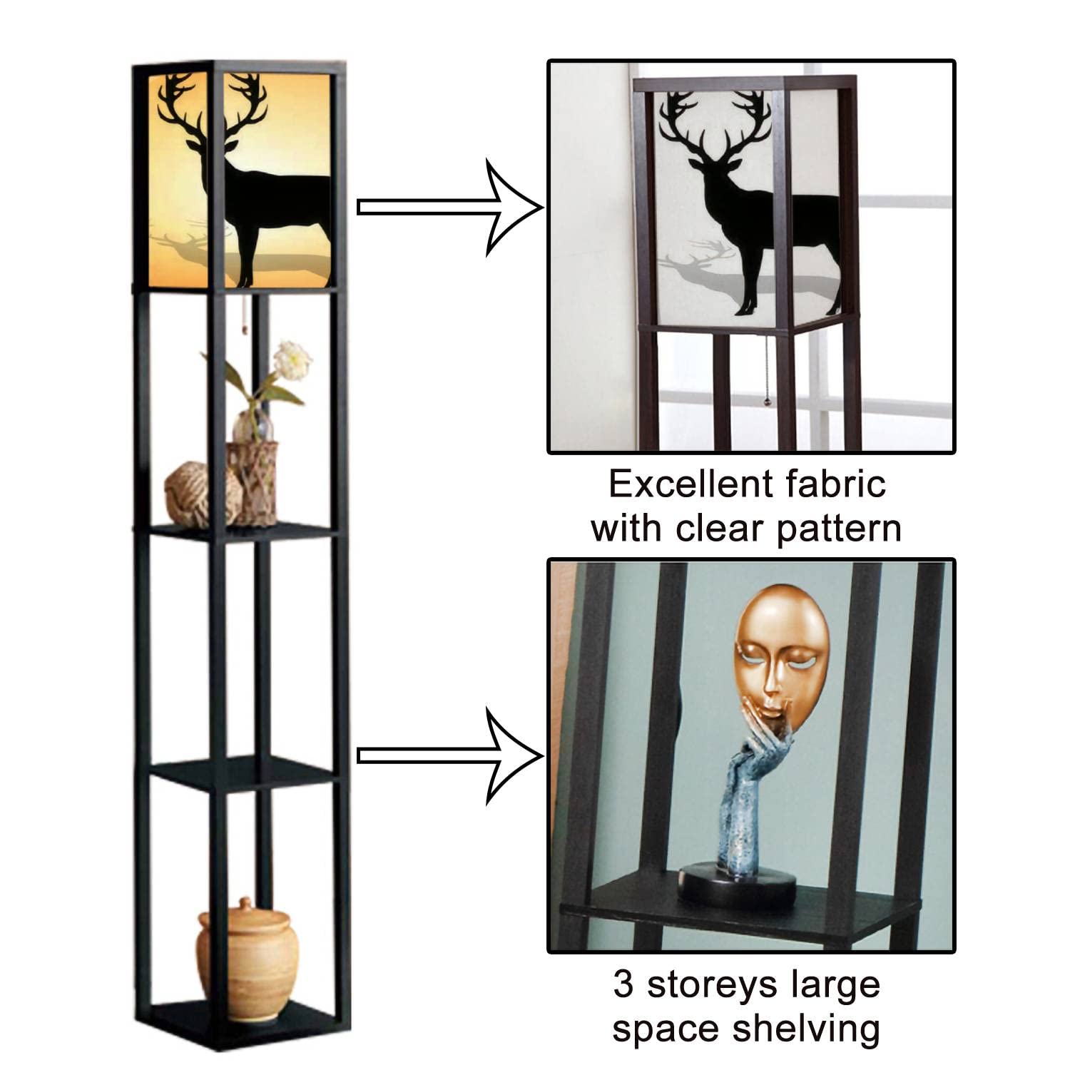 Modern Silhouette Deer Floor Lamp with Antlers & Shelves - Flaxen Fabric Shade Tall Standing Light for Living Room, Bedroom, Office - Corner Lighting & Aesthetic Home Decor for Cozy Nights & Reading Nook