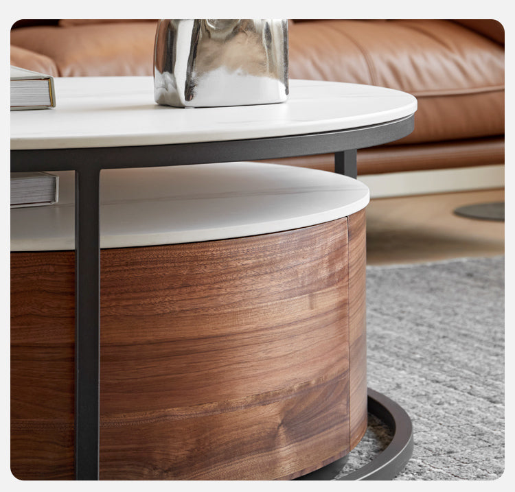 Premium Black Walnut Solid Wood Round Coffee Table - Modern Luxury Rock Plate Design for Living Room, Lounge & Office Decor