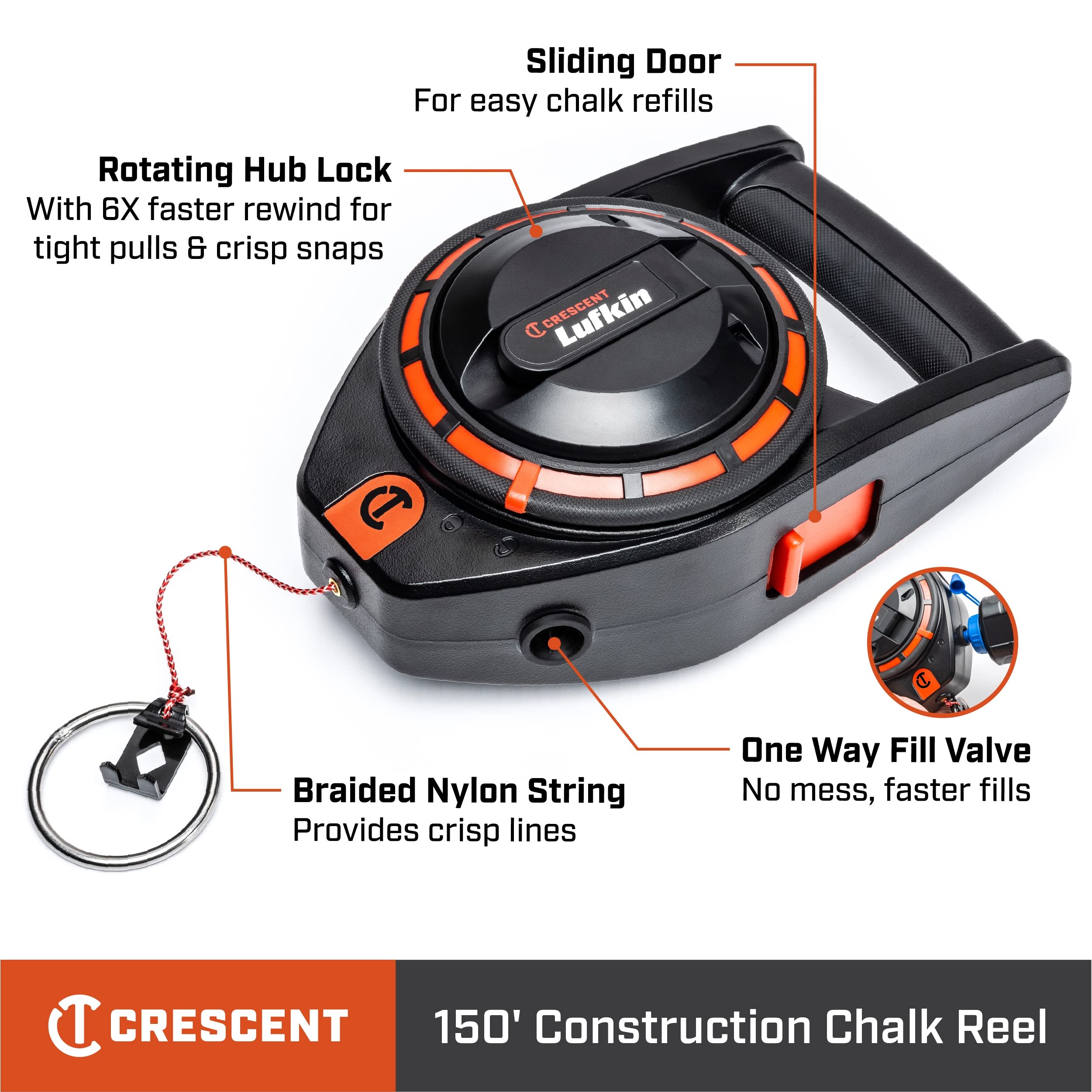 **Crescent Lufkin CL150 150-Foot Professional Construction Chalk Reel - Heavy-Duty Chalk Line Tool for Marking Straight Lines on Concrete, Wood, and Metal Surfaces - Ideal for Contractors, Carpenters, and DIY Projects**
