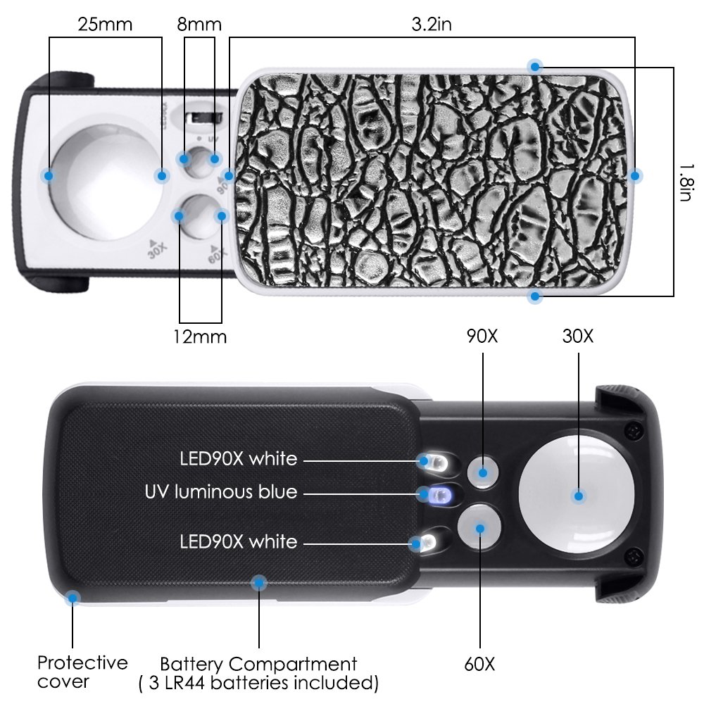 AFUNTA 30X 60X 90X LED Jewelry Loupe Magnifier - Pocket Magnifying Glass for Rocks, Stamps, Coins, Watches, Antiques & Hobbies | Perfect for Gemologists, Collectors & Craft Enthusiasts (Silver)