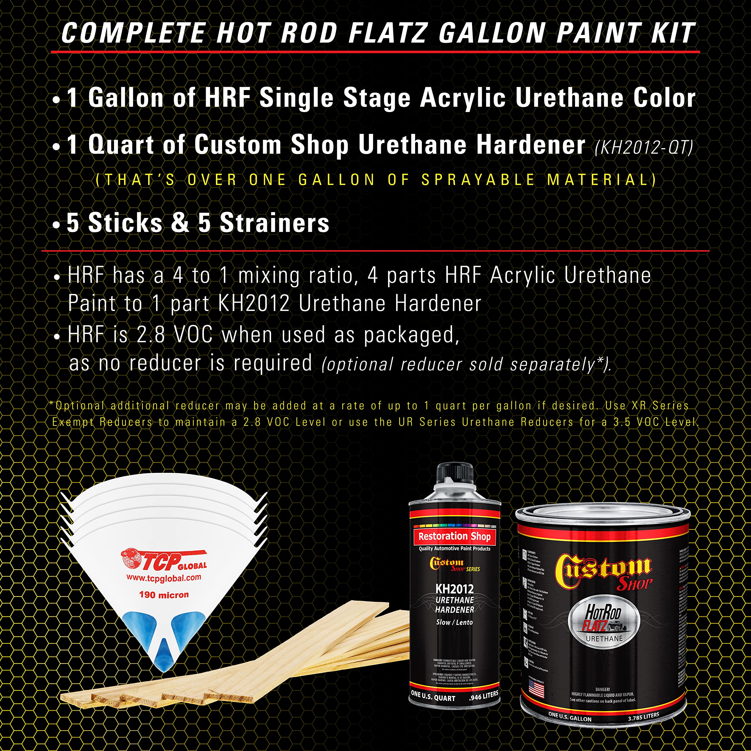Custom Shop Indy Yellow Hot Rod Flatz Flat Matte Satin Urethane Auto Paint - Complete Gallon Paint Kit (4:1 Mix Ratio) - Professional Low Sheen Automotive Coating for Cars & Trucks - Perfect for Classic Car Restoration, Hot Rod Projects & DIY Vehicle Customization