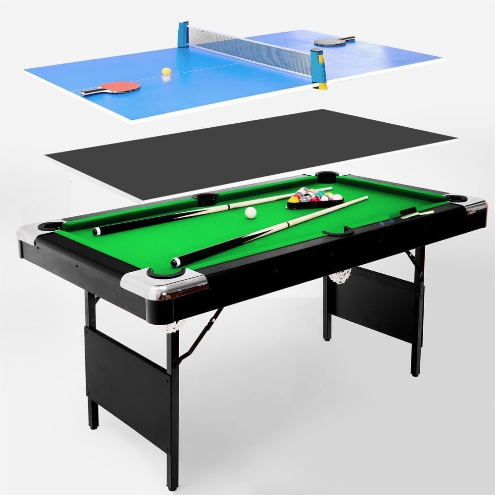 5.5ft, 6ft or 7ft Portable Foldable Billiards Pool Table Set with Balls, Cues, Chalk & Brush - Multi-Game Table for Family Fun, Game Room, Basement & Man Cave Entertainment