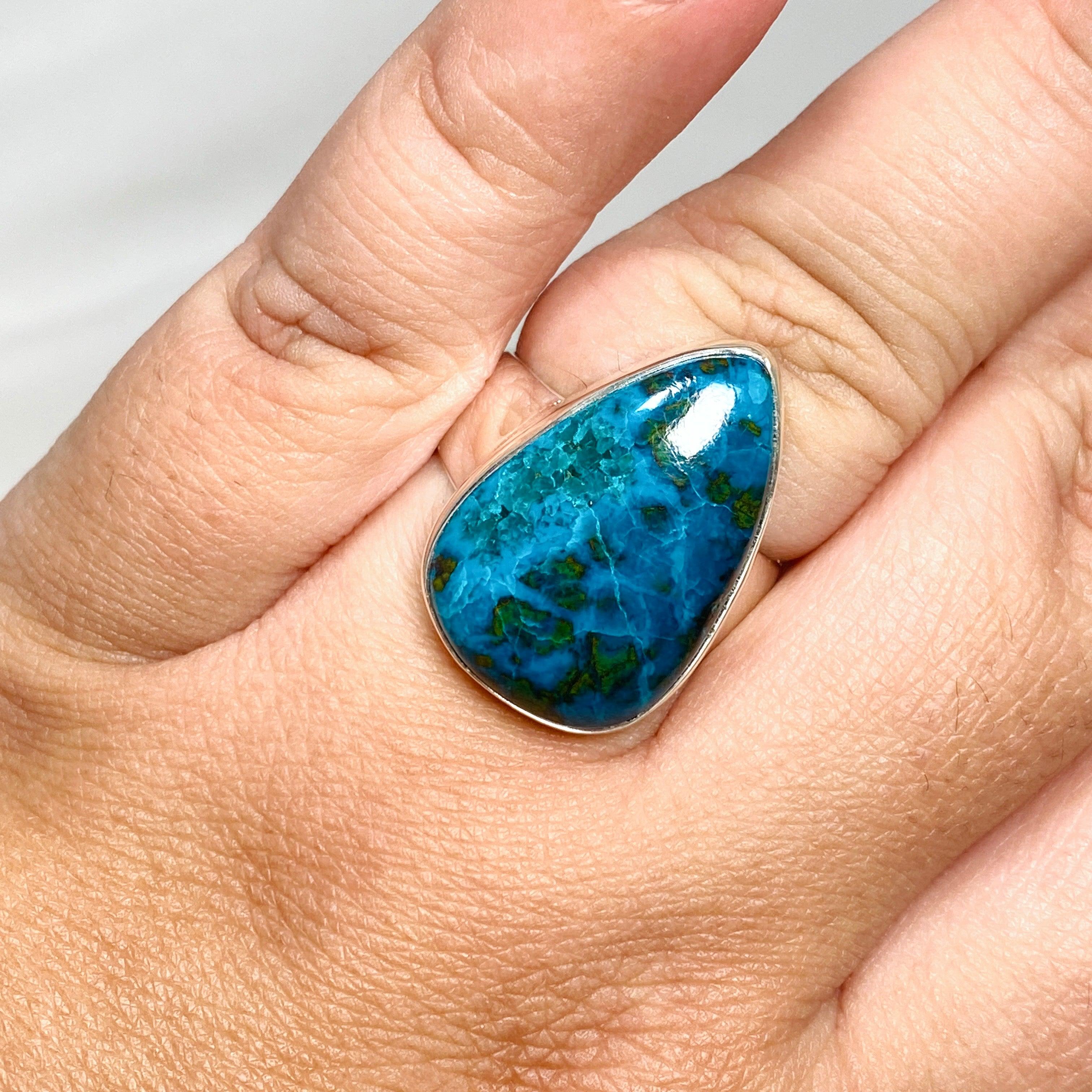 Shattuckite Dioptase Chrysocolla Teardrop Ring - Size 10 Natural Stone Jewelry KRGJ3224 | Healing Crystal Ring for Meditation & Spiritual Gifts