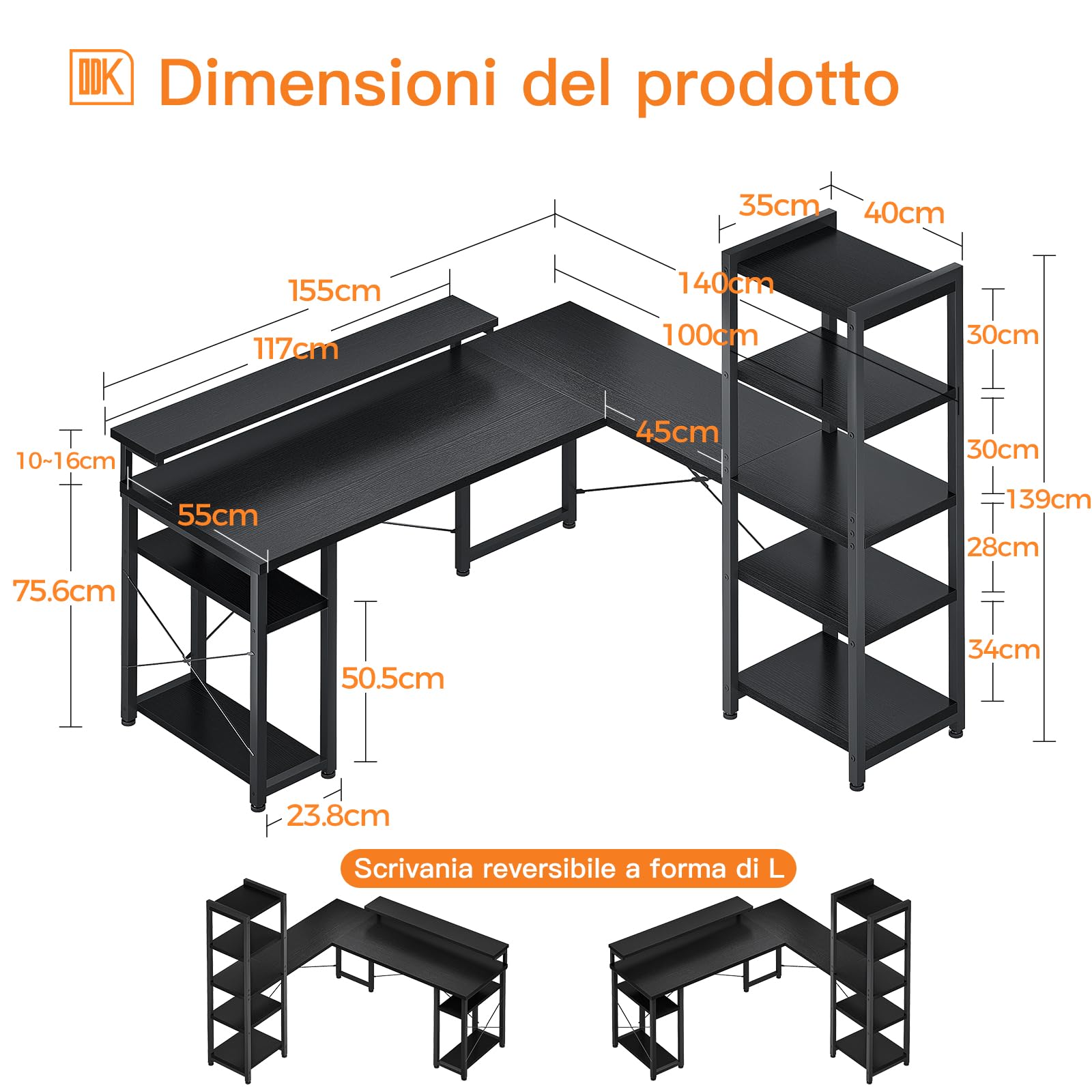 ODK L-Shaped Computer Desk with Monitor Stand, Black 155×140cm - Perfect for Home Office, Gaming Setup & Small Spaces