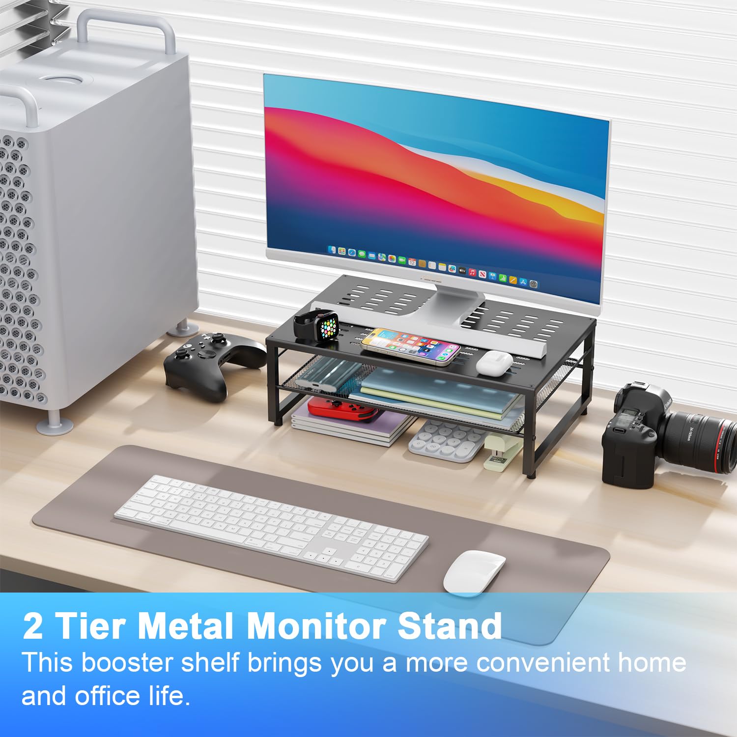 2-Tier Metal Monitor Stand Riser - Black Desk Organizer for Office Supplies | Gianotter Office Desk Storage Accessories | Perfect for Computer Monitors, Laptops & Workspace Organization