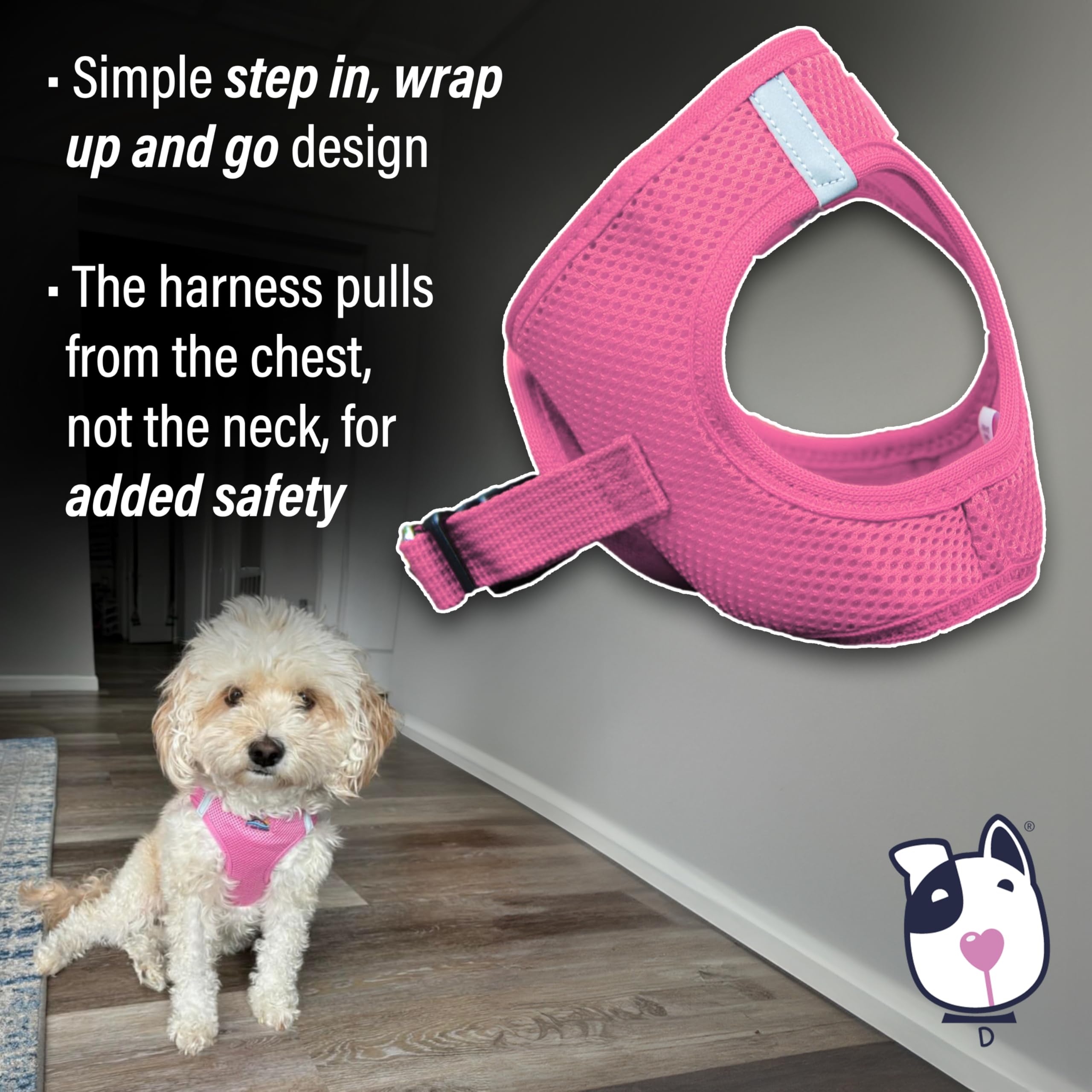 Doggie Design No-Choke Dog Harness - Breathable Mesh Polyester Pet Vest with Easy Step-in Design for Small & Medium Dogs - Candy Pink Size L - Perfect for Walking, Hiking & Outdoor Adventures