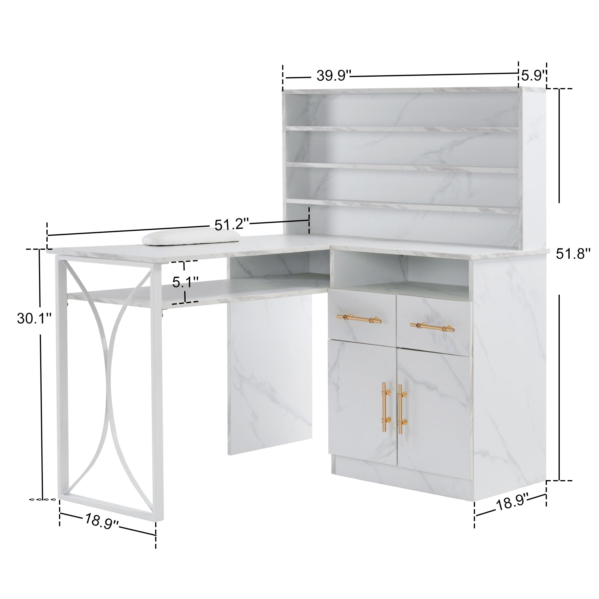 Professional L-Shaped Nail Salon Desk with Storage Drawers & Cabinets - White Manicure Workstation for Efficient Organization | Perfect for Home & Salon Use