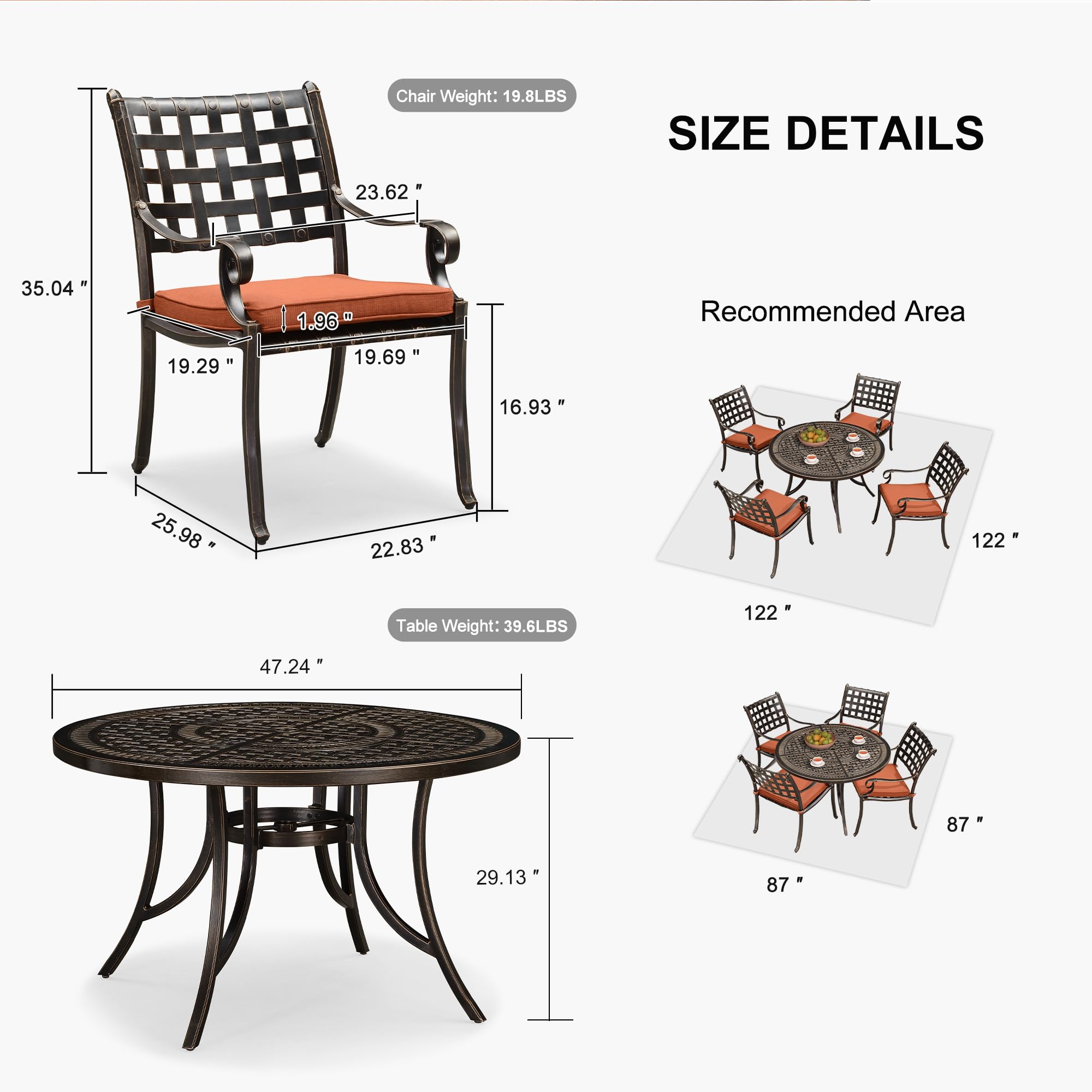 PURPLE LEAF 5-Piece Outdoor Dining Set - Cast Aluminum Patio Furniture with 47