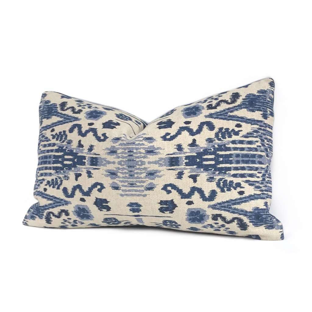 Indian Blue Beige Ikat Ethnic Cotton Print Pillow Cover - Handmade Mumbai Design - Lacefield Fabric - Fabric by the Yard Available - Perfect for Boho Home Decor, Living Room Throw Pillows & Bedroom Accents