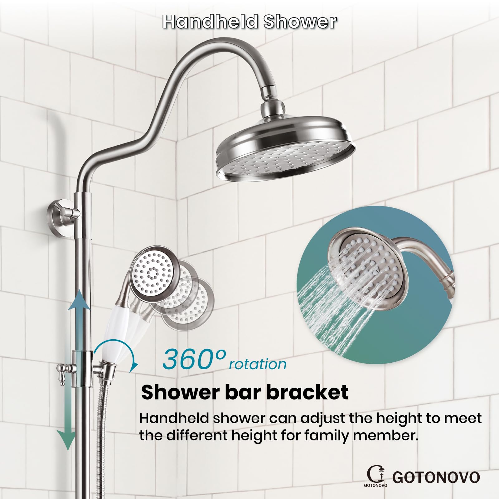 Luxury 8 Inch Wall Mount Rainfall Shower System - Brushed Nickel Exposed Shower Faucet Set with Adjustable Arc Rod & Handheld Spray - Perfect for Modern Bathrooms & Spa-Like Experience