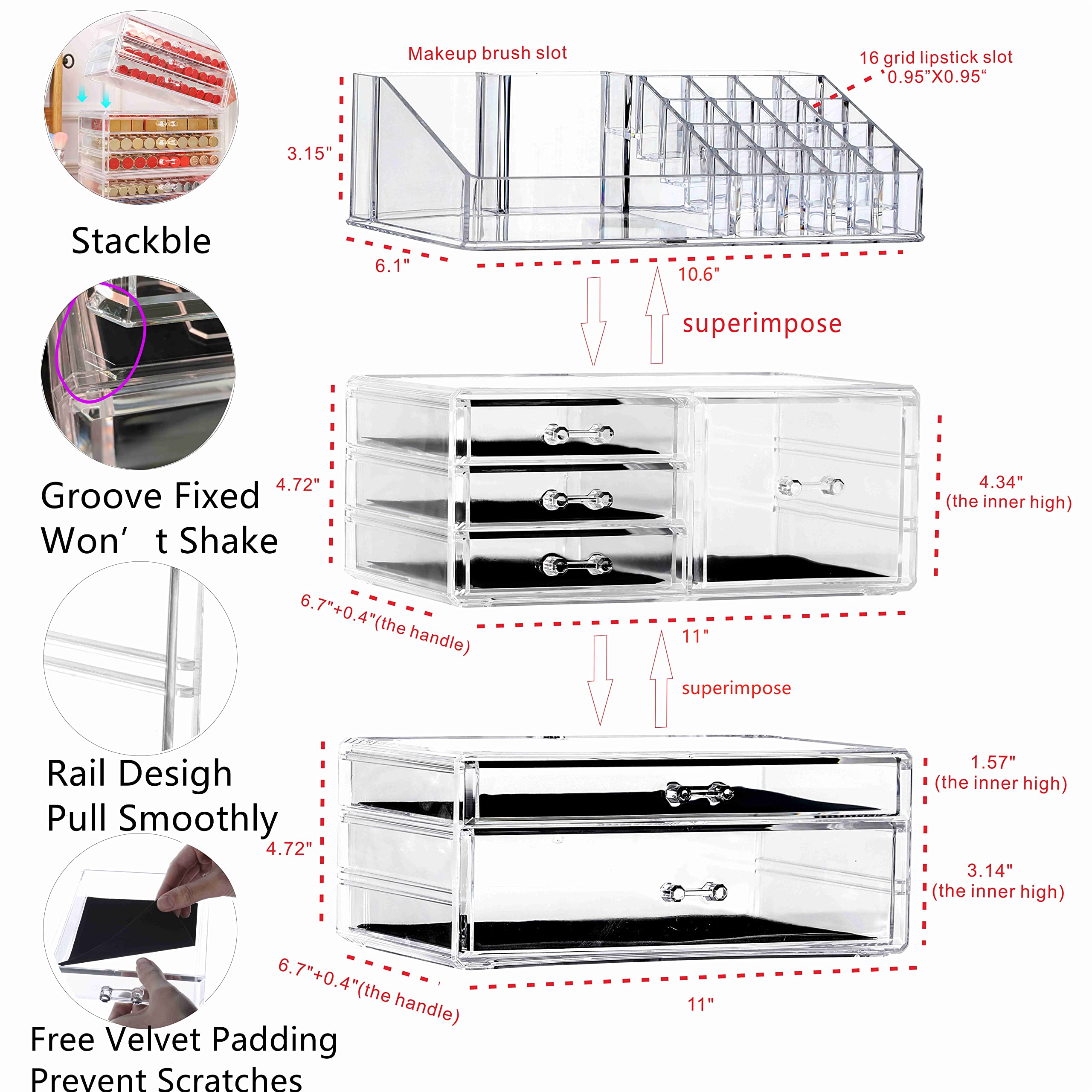 3-Pack Clear Acrylic Makeup Organizer with 6 Stackable Drawers - Vanity Jewelry, Hair Clip & Skincare Storage - Perfect for Bathroom Counter, Bedroom & Dressing Table Organization