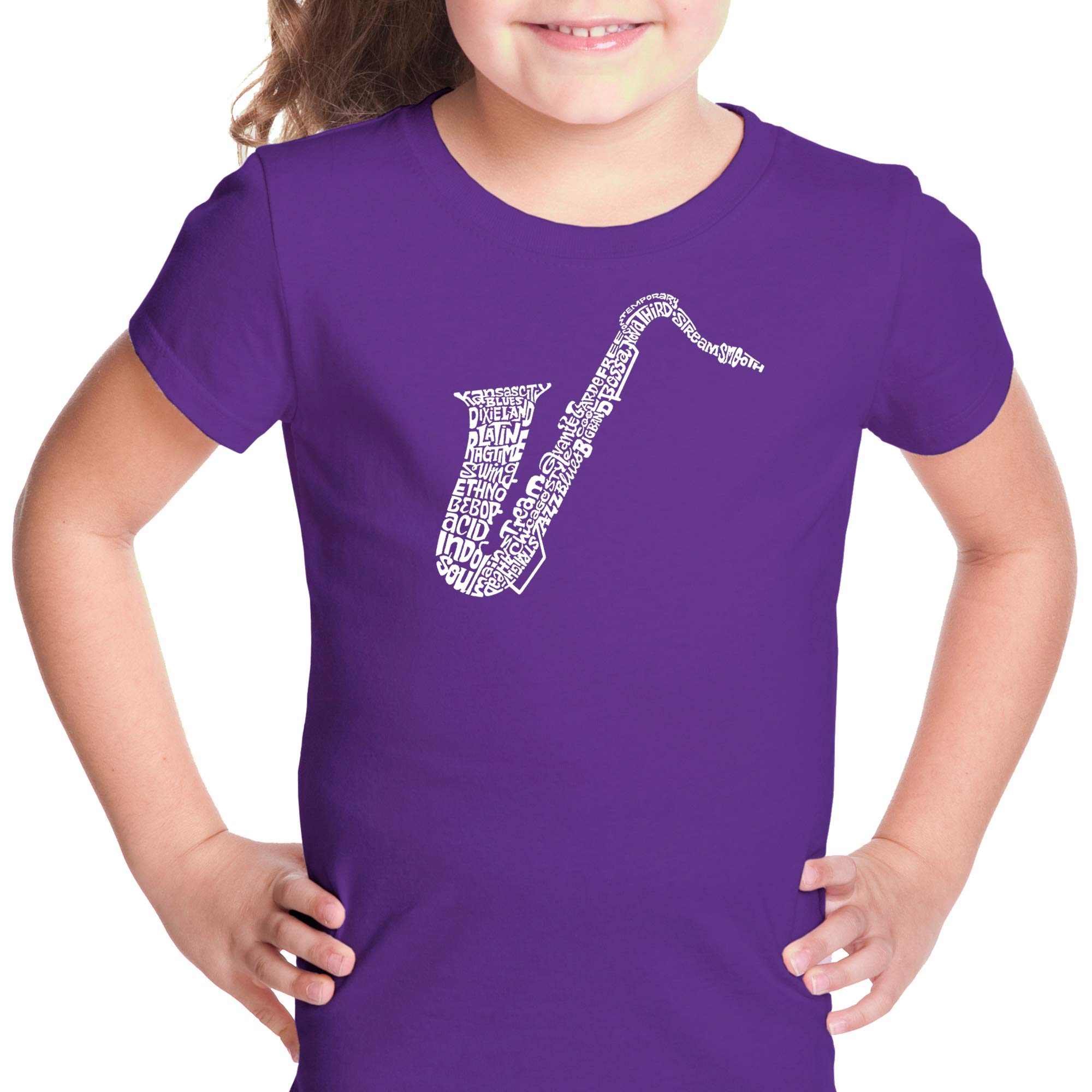 LA POP ART Girl's Word Art Graphic T-Shirt - Saxophone Design | Trendy Casual Tee for Music Lovers & Band Performances