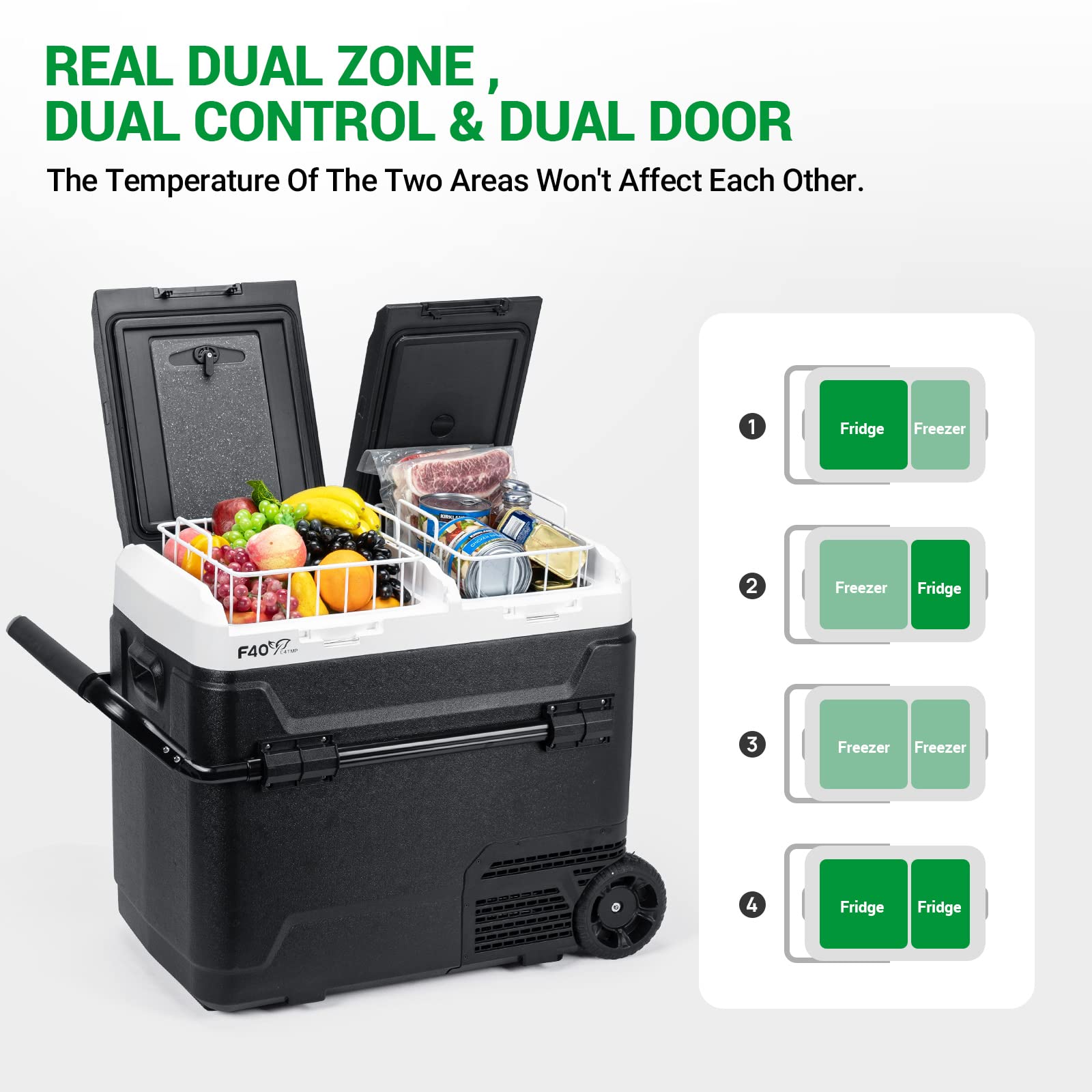 12V/24V DC & 110V AC 64QT Portable Car Refrigerator Freezer - Dual Zone Independent Temperature Control (-4°F to 68°F), 61L Compressor Cooler with Wheels & 2 Baskets for Camping, Road Trips, RV, Tailgating, and Outdoor Adventures