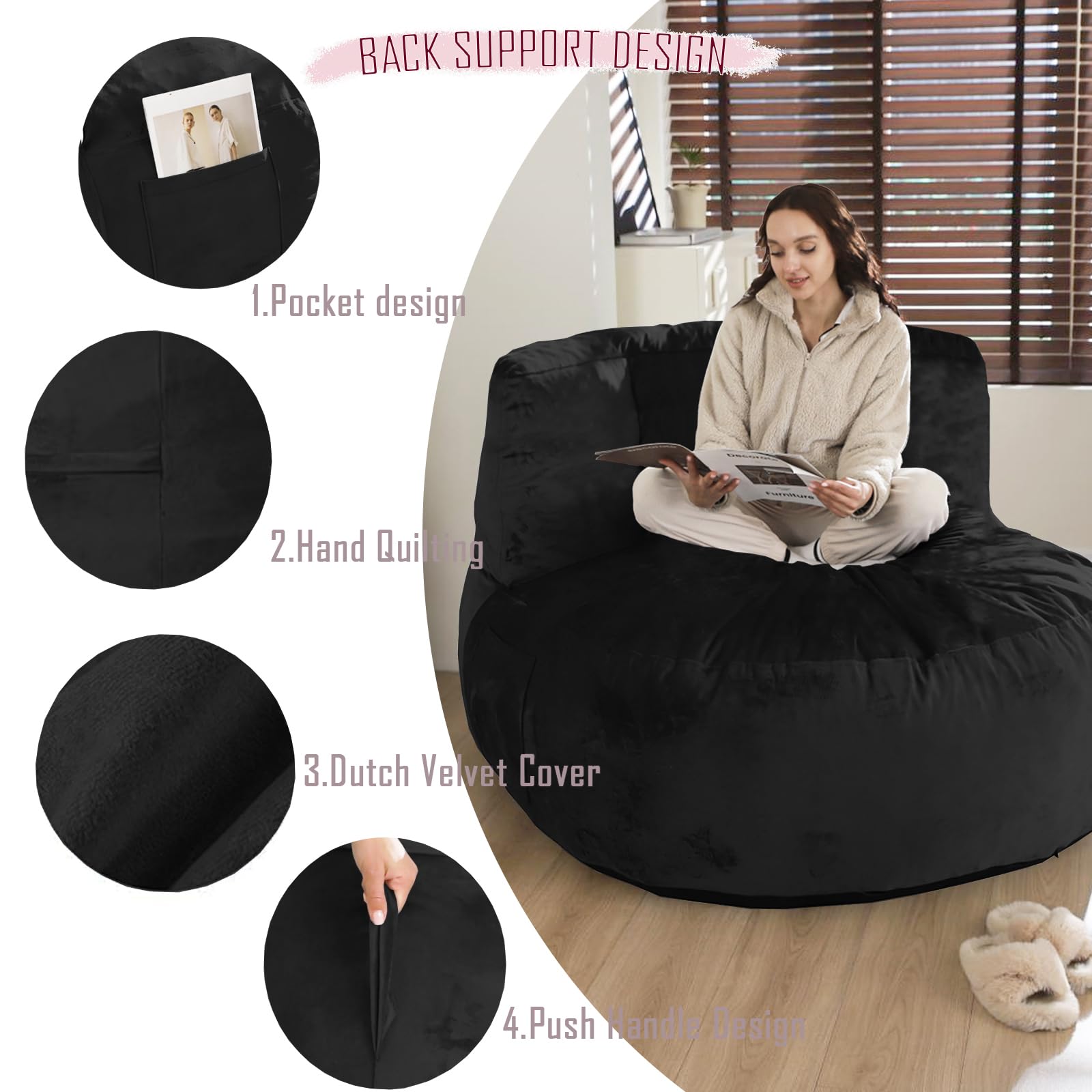 5FT Giant Bean Bag Chair with Memory Foam Filling - Dutch Velvet Cover for Adults, Kids & Teens - Large Black Beanbag Sofa with Back Support - Perfect for Living Room, Game Room & Dorm Relaxation