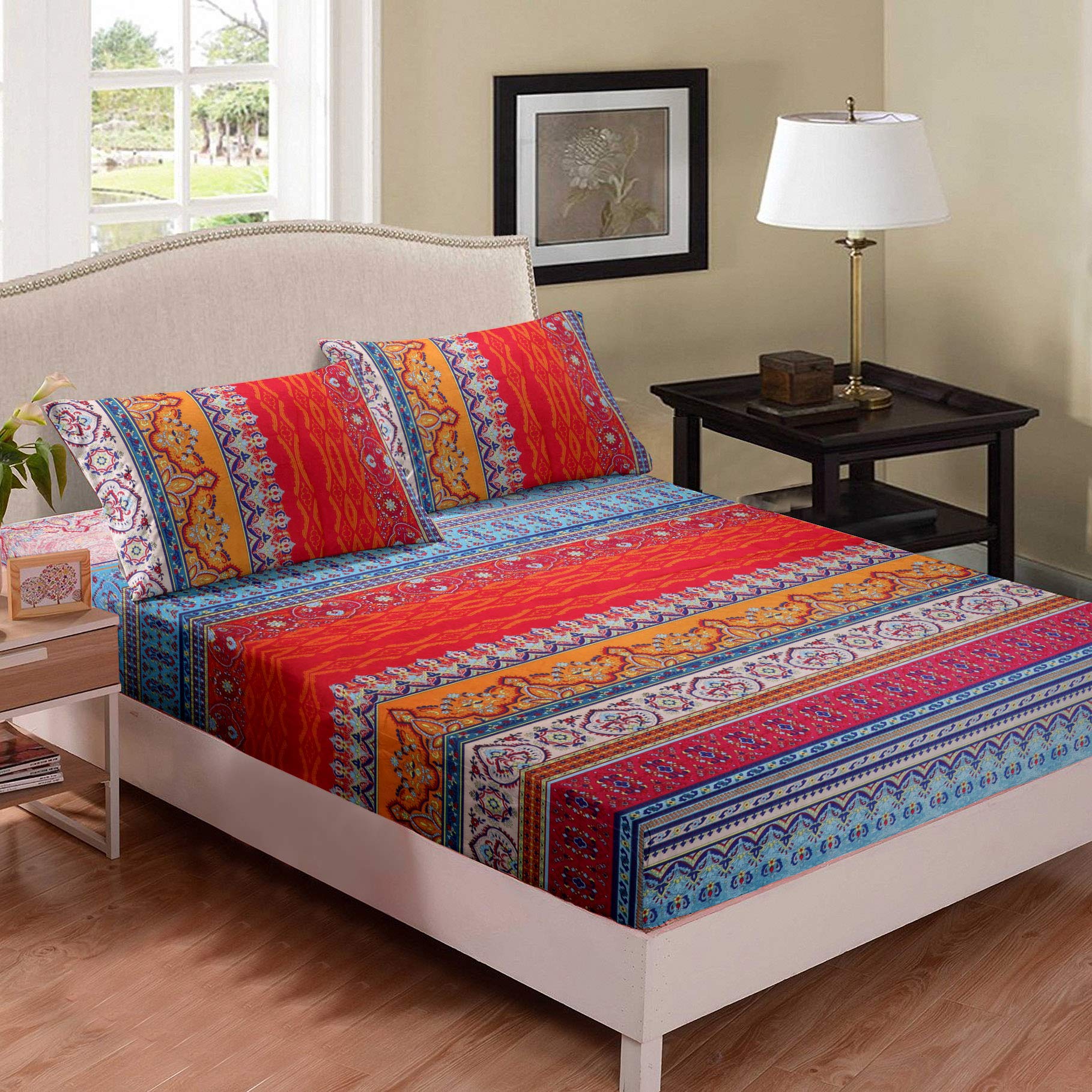 Bohemian Full Bed Sheets Set - 4 Piece Super Soft Microfiber Bedding with Tribal Stripes, Deep Pocket Fitted Sheet, Flat Sheet & 2 Pillow Shams | Vibrant Red Boho Style for Bedroom Decor | Perfect for Guest Rooms, Dorms & Bohemian Themed Bedrooms