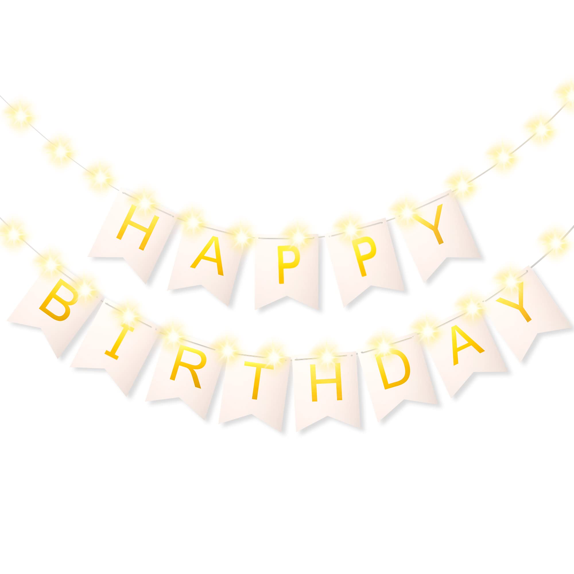 Gold Foil Happy Birthday Banner with 8 Modes LED String Lights - Swallowtail Flag Bunting Hanging Sign for Birthday Party Decorations - Perfect for Girls, Women & Adults (White) | Ideal for Indoor/Outdoor Celebrations, Baby Showers & Anniversary Decor
