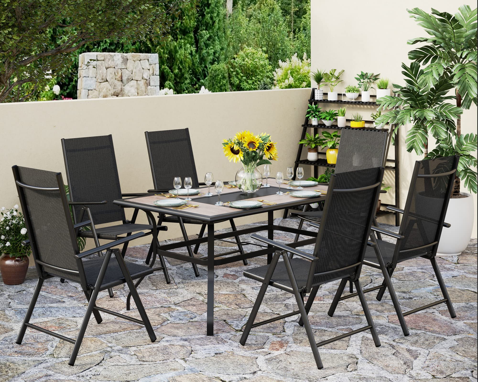 PHI VILLA 7-Piece Outdoor Patio Dining Set with 6 Folding Reclining Chairs & Rectangle Table - Space Saving Patio Furniture for Backyard, Garden, Poolside - Weather-Resistant Dining Set for Outdoor Entertaining, BBQs, Summer Parties - Perfect for Family Gatherings, Al Fresco Dining and Relaxing by the Pool