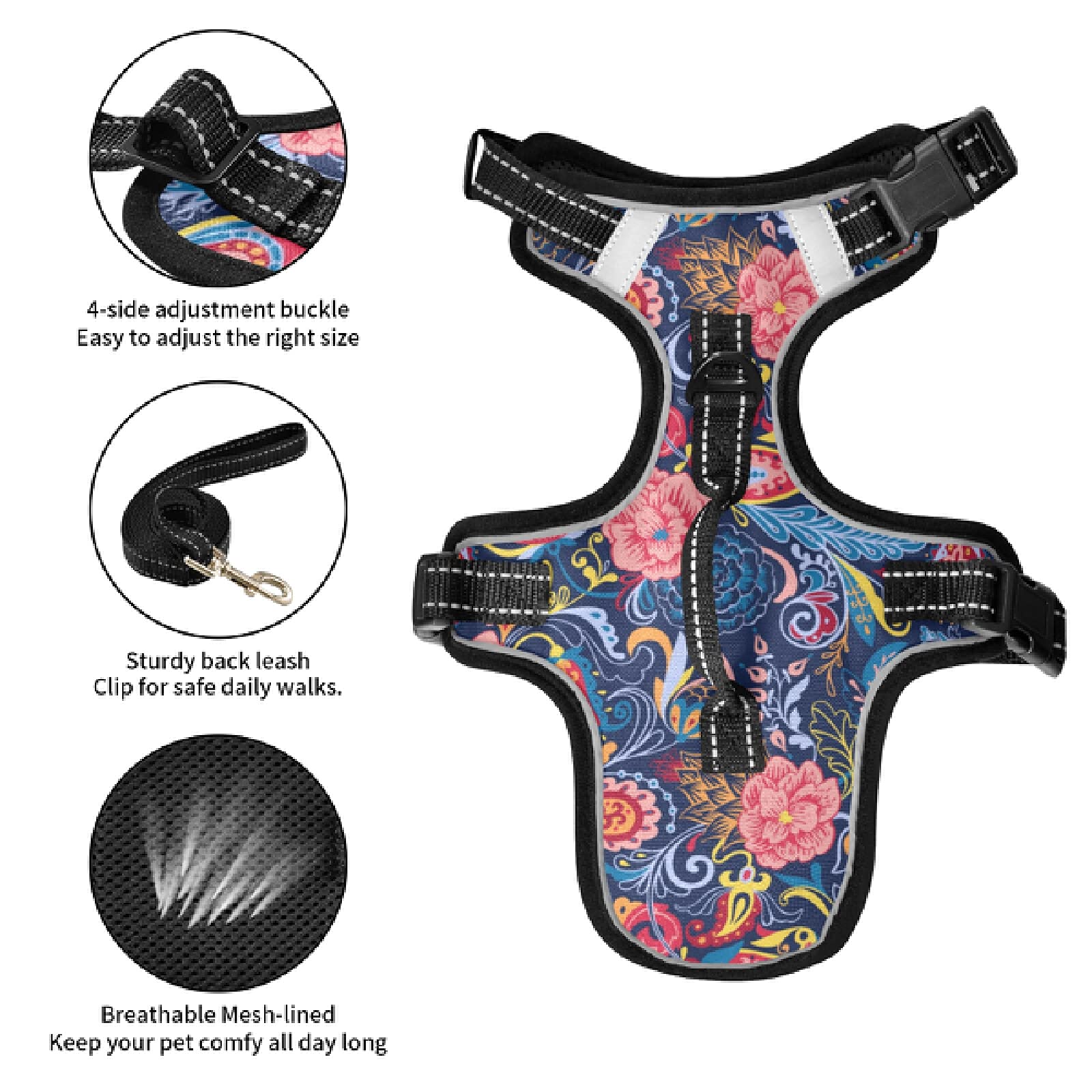 Xigua Paisley Flower Dog Harness - No Pull Reflective Pet Vest for Small & Medium Dogs with Breathable Nylon Handle | Perfect for Walking, Running & Outdoor Adventures