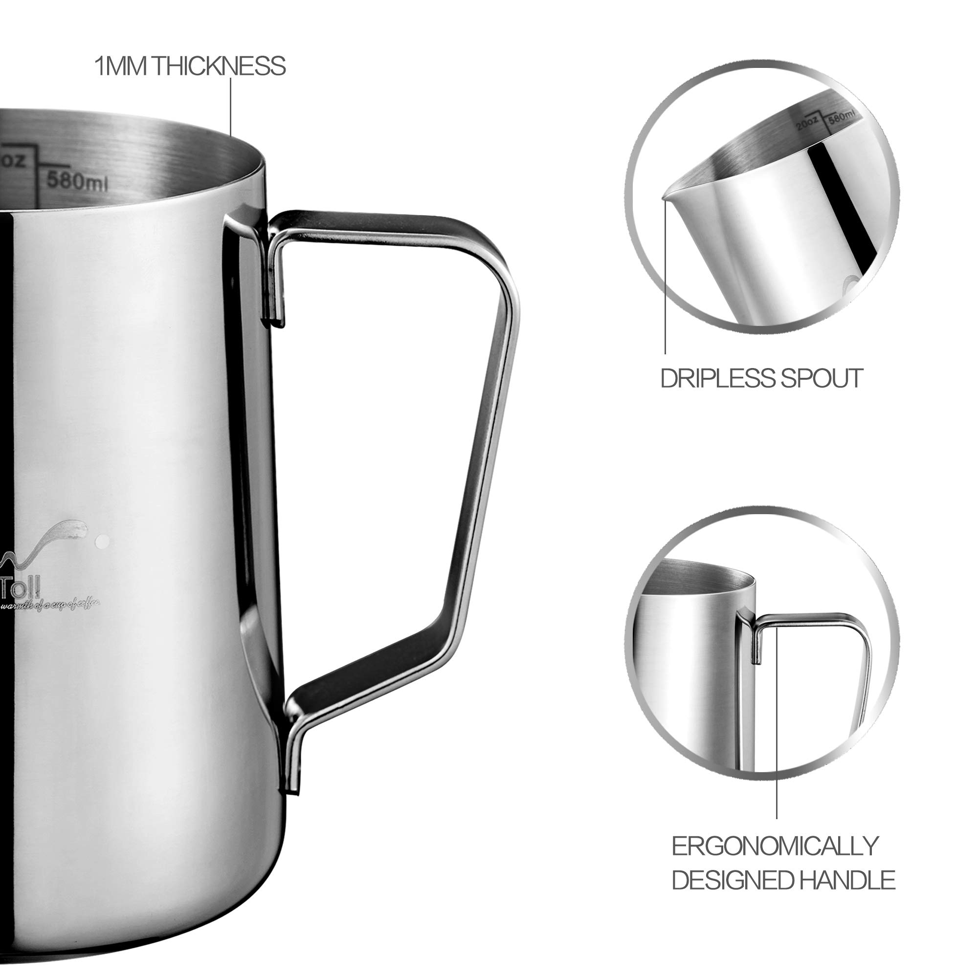 Premium Stainless Steel Milk Frothing Pitcher - 12 oz (350 ml) & 20 oz (600 ml) Options - Barista-Grade for Lattes, Cappuccinos & Hot Chocolate - Chrome Finish - Ideal for Home & Professional Coffee Shops
