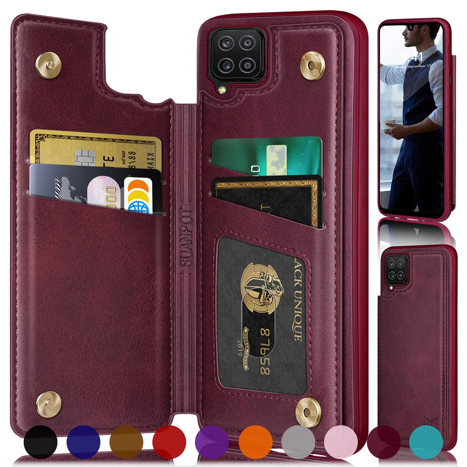 RFID Blocking Samsung Galaxy A12 Wallet Case with Credit Card Holder - Flip PU Leather Shockproof Phone Cover for Women & Men (Wine Red) - Perfect for Travel, Business & Everyday Protection