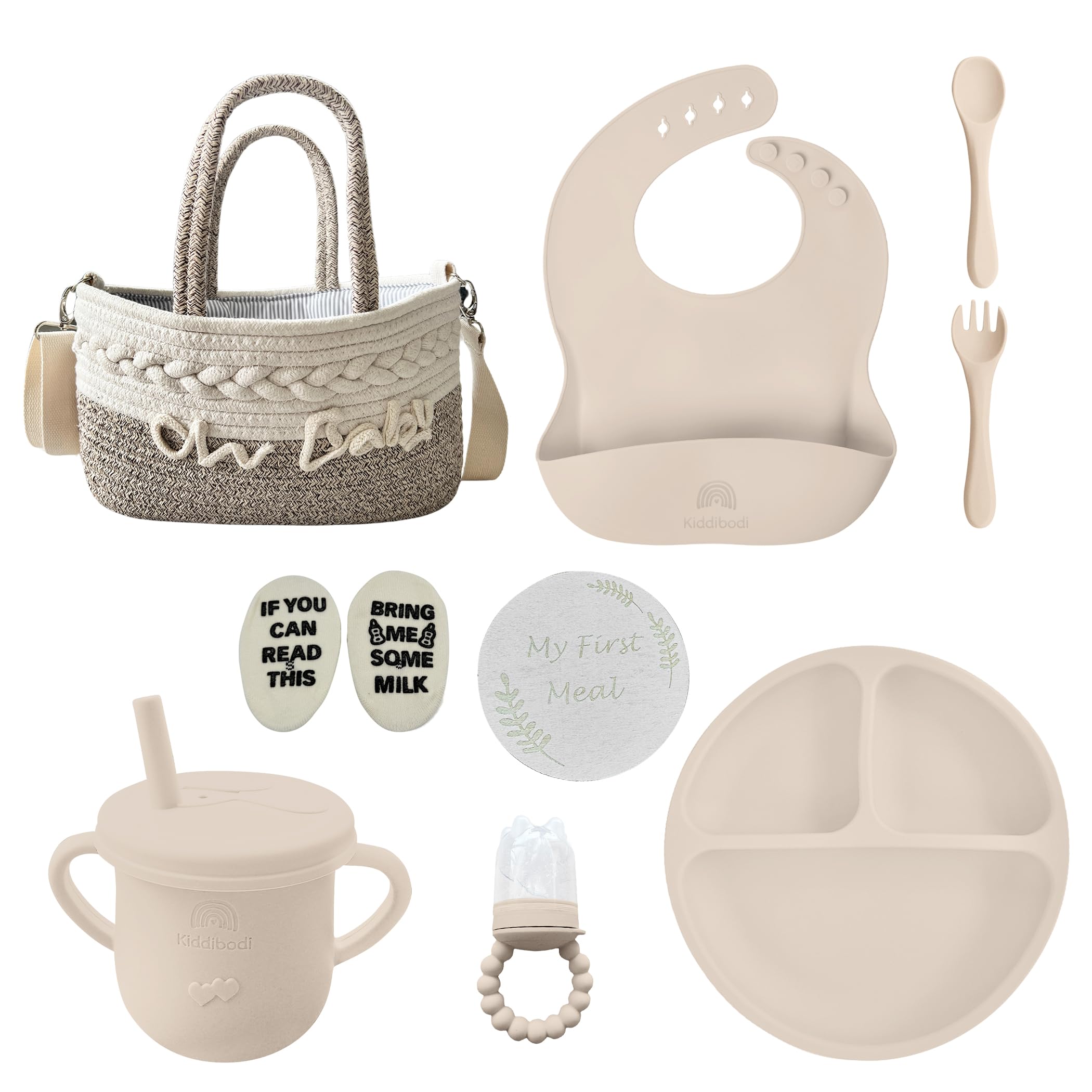 Kiddibodi® Baby Shower Gift Basket Set for Newborns - Gender Neutral Silicone Feeding Essentials with Suction Plate, Bib, Spoon, Sippy Cup & Pacifier Feeder in Natural Rope Basket - Perfect New Mom Gift for Birthdays, Showers and First Feedings