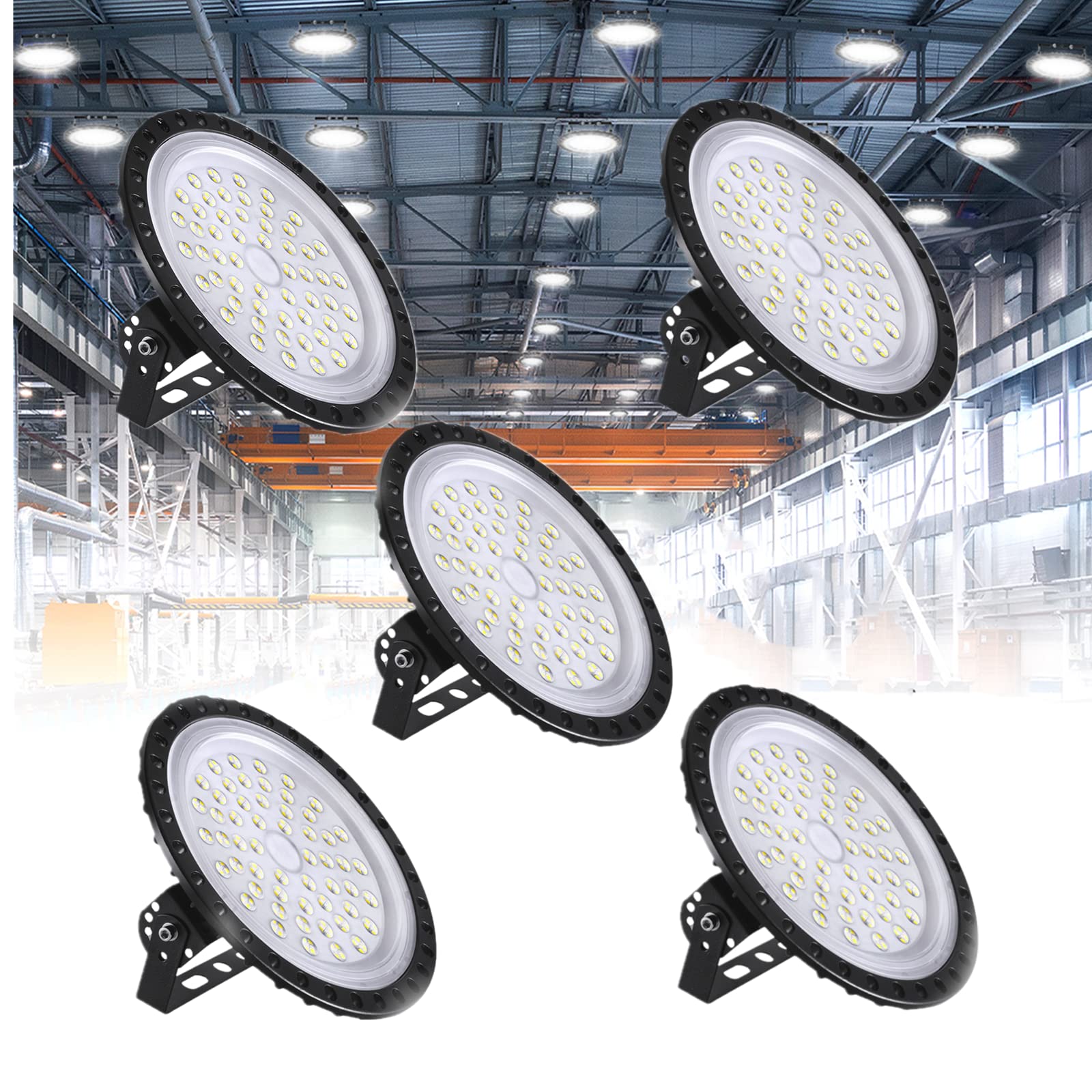 200W UFO LED High Bay Lights 5-Pack - 20,000LM Super Bright 6500K Daylight White - IP65 Waterproof Industrial Lighting for Warehouse, Workshop, Factory - Energy Saving Durable LED Shop Lights for Commercial & Industrial Spaces