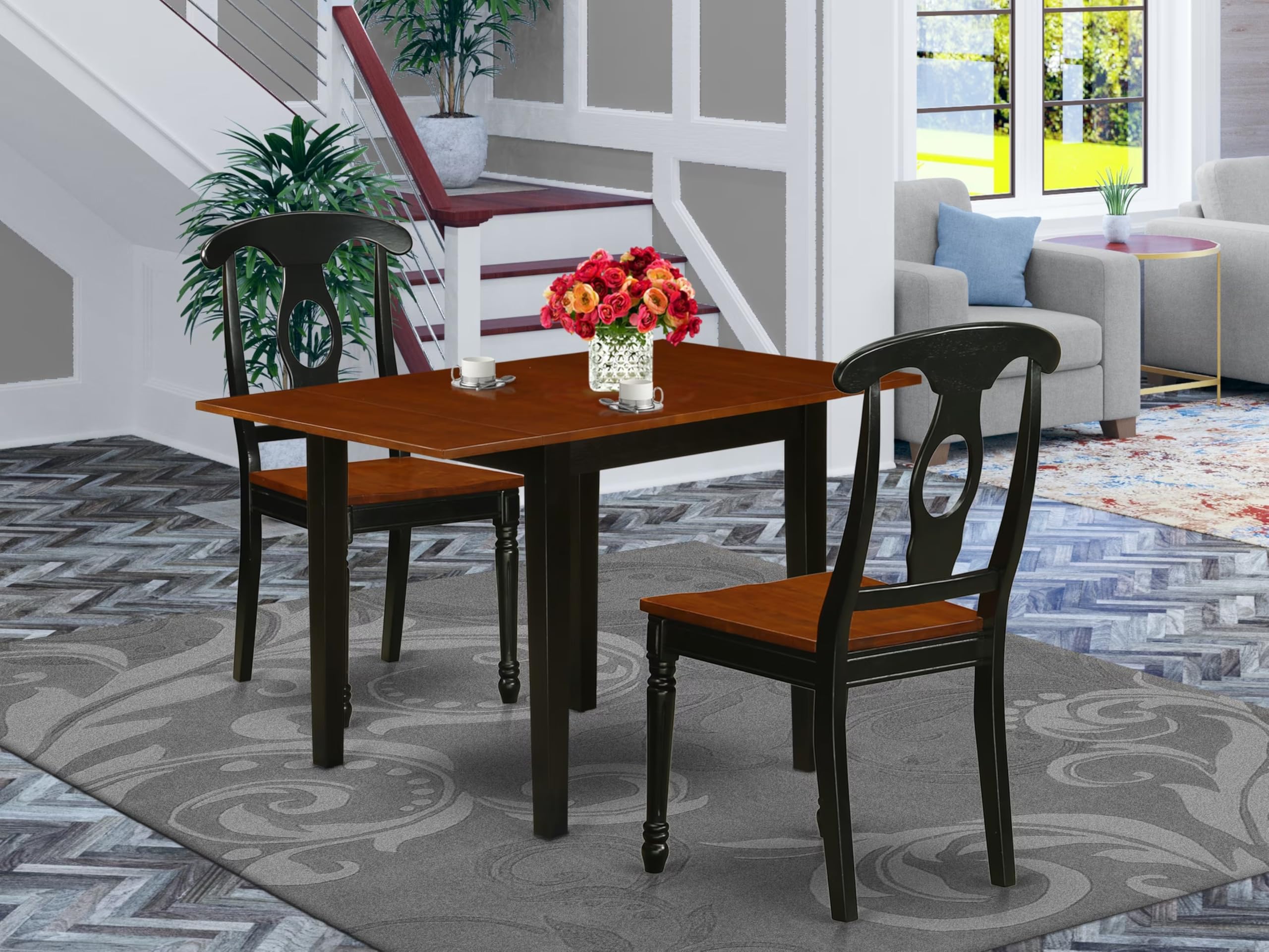East West Furniture NDKE3-BCH-W 3-Piece Kitchen Dining Set with Drop-Leaf Table & 2 Chairs - 30x48 Inch Black Cherry for Small Spaces, Breakfast Nooks & Cozy Apartments
