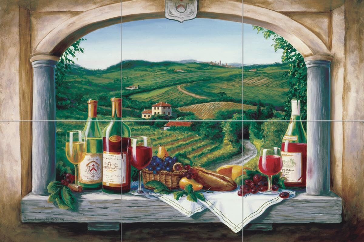 Ceramic Backsplash Tile Mural - Wine Themed Kitchen Decor - Vineyard Reverie Design by Barbara Felisky - Perfect for Wine Cellars, Italian Restaurants & Rustic Farmhouse Kitchens