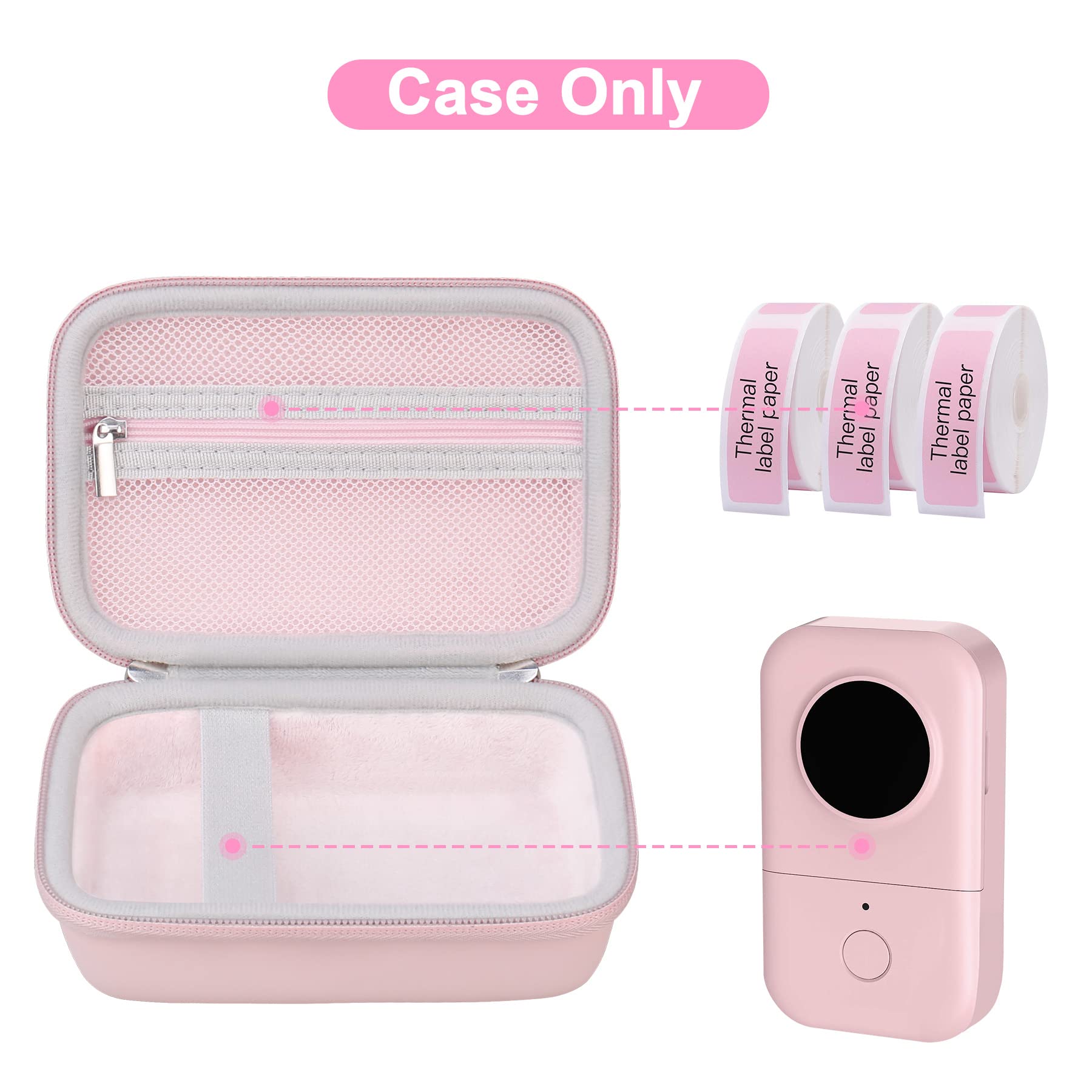 Phomemo D30 D35 & Memoking D30 Label Maker Case - Portable Thermal Bluetooth Label Printer Storage Bag with Mesh Pockets for Label Paper & Cables (Pink) - Perfect for Office, Home & Craft Organization