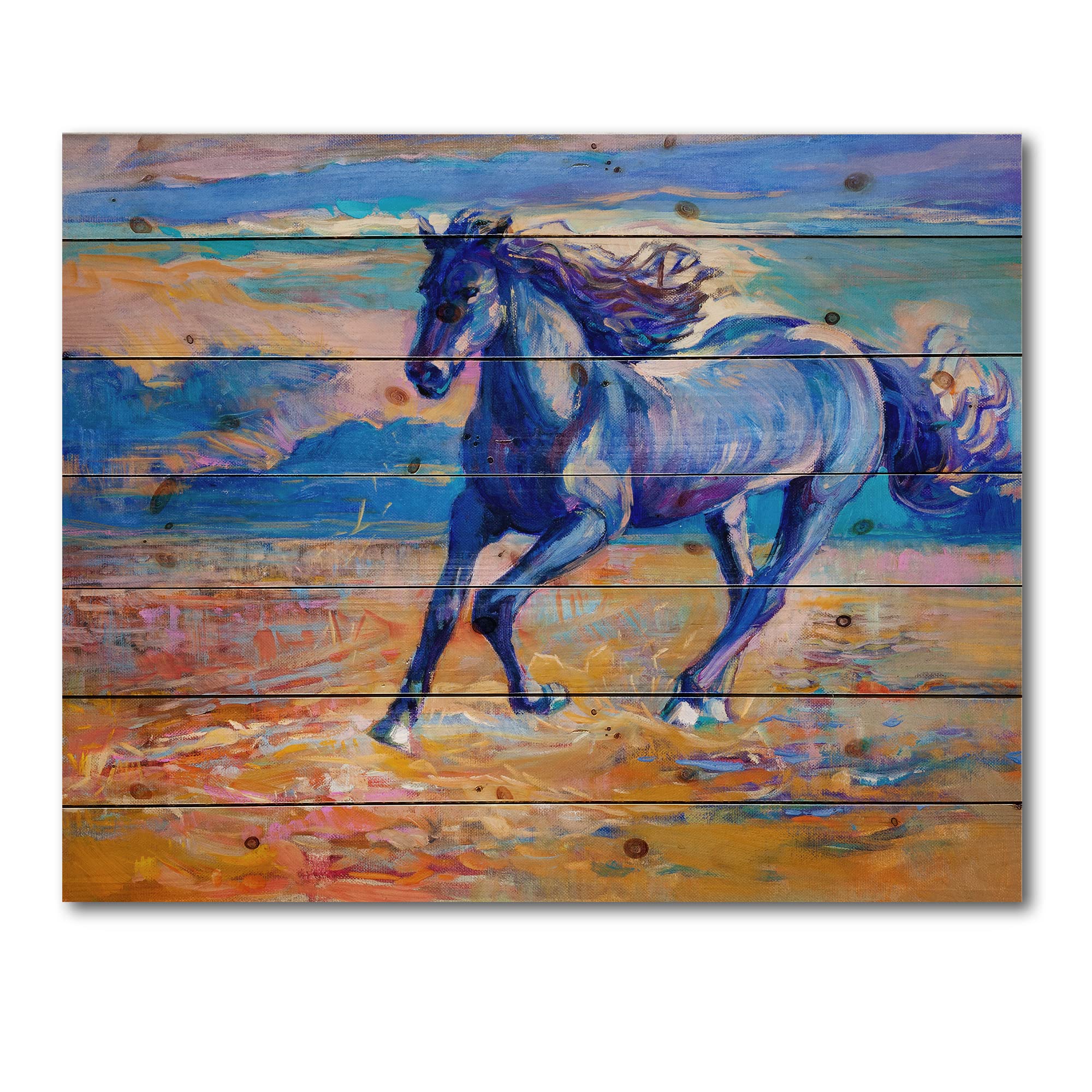 Blue Horse Galoping Over The Prairie - Farmhouse Wood Wall Decor, Large Animal Wood Wall Art Panel Printed on Natural Pine - Perfect for Living Room, Bedroom & Country Style Home Decor