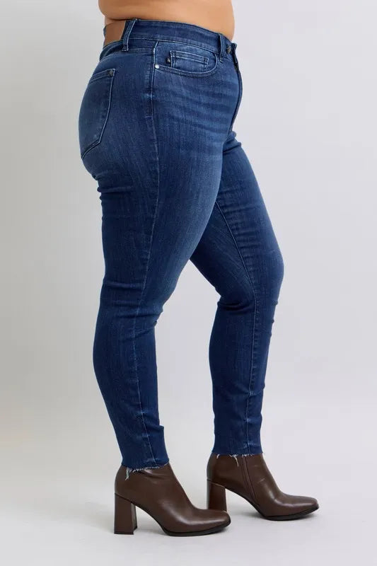 Judy Blue Women's Plus Size Mid Rise Skinny Jeans with Raw Hem - Stretch Denim Pants for Casual Wear & Everyday Comfort