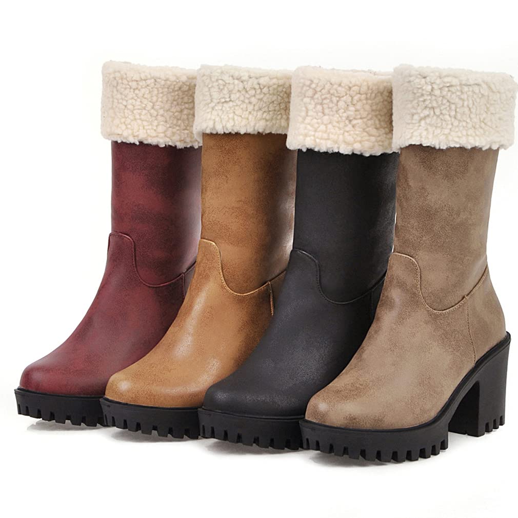 SO SIMPOK Women's Winter Snow Boots with Side Zipper - Warm Ankle Boots Suede Chunky Block Heel Round Toe Faux Fur Lined Mid Calf Boots for Outdoor, Snowy Weather & Casual Winter Fashion