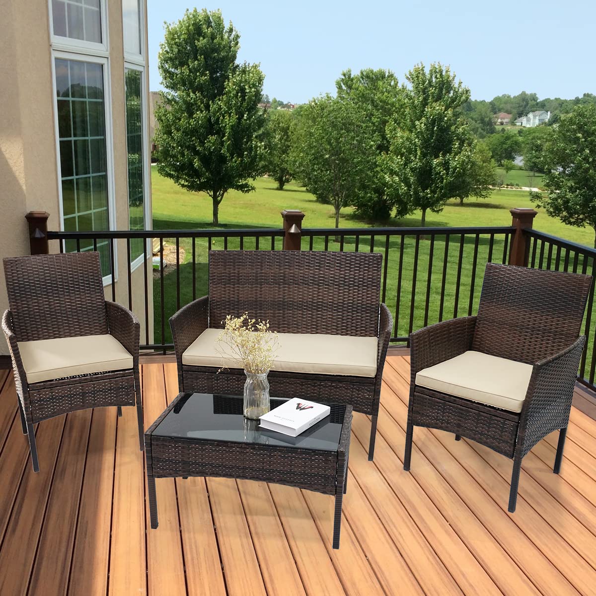 VANCIKI 4-Piece Outdoor Patio Furniture Set - Rattan Wicker Chairs & Table with Beige Cushions for Porch, Backyard, Garden - Black-Brown Conversation Set - Perfect for Relaxing, Entertaining & Outdoor Dining