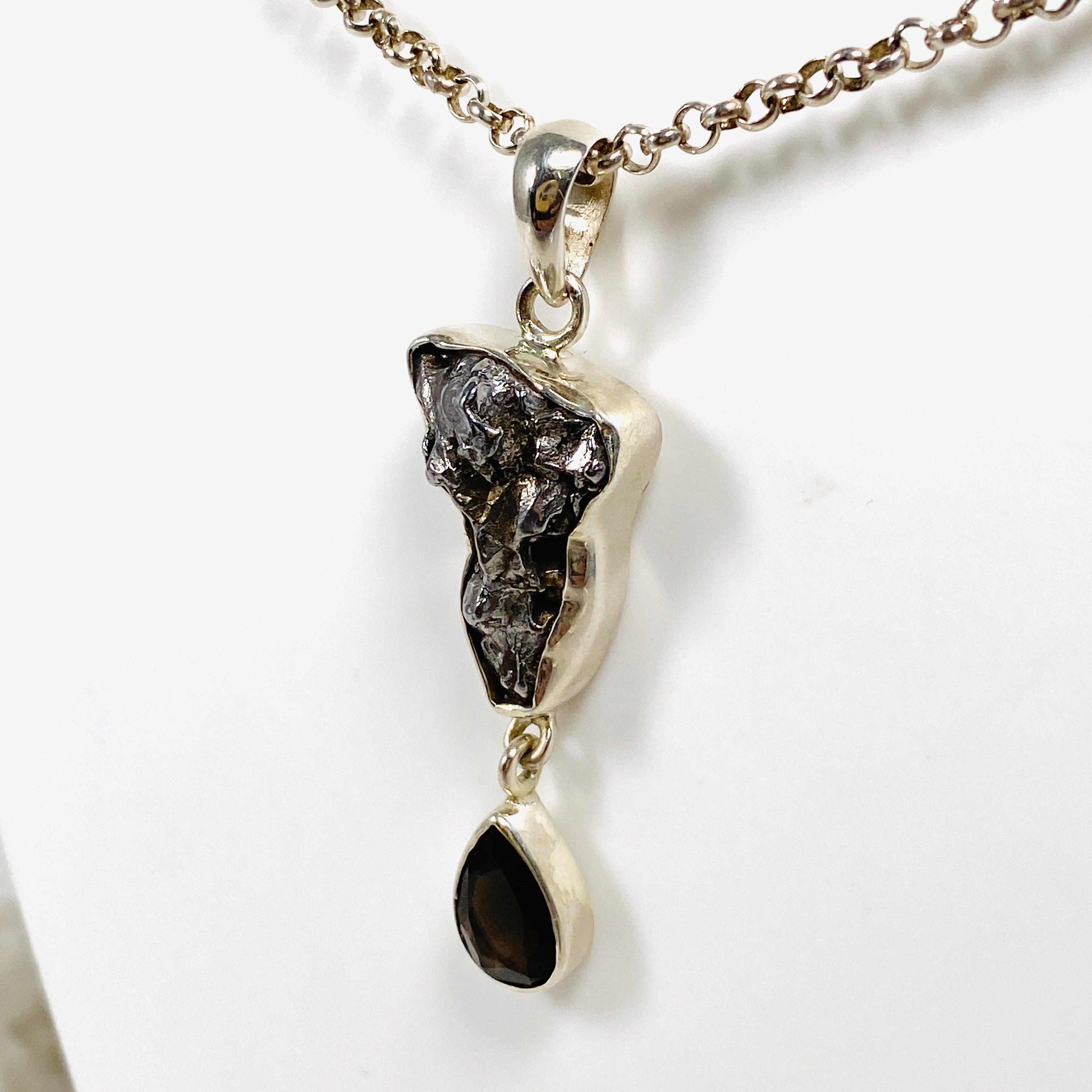 Campo Del Cielo Meteorite & Smokey Quartz Pendant Necklace - Genuine Space Rock Jewelry - Perfect for Gift Giving & Spiritual Healing