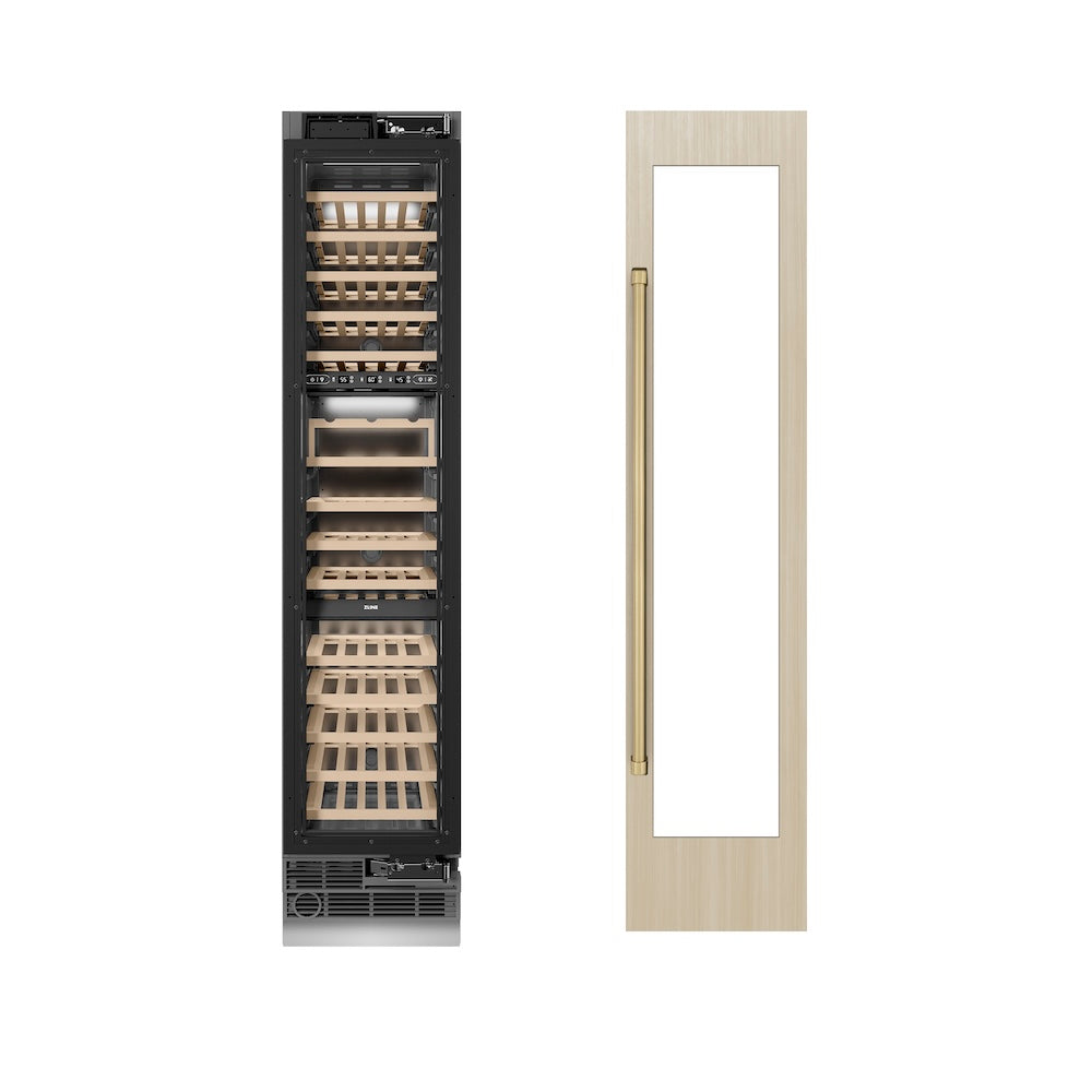 ZLINE Autograph Edition 18-Inch 9.0 cu. ft. Triple Zone 68-Bottle Panel Ready Right Hinge Column Wine Cooler with Champagne Bronze Accents - Perfect for Wine Cellars, Home Bars, and Entertaining Spaces (RBCWVRZ 18 CB)