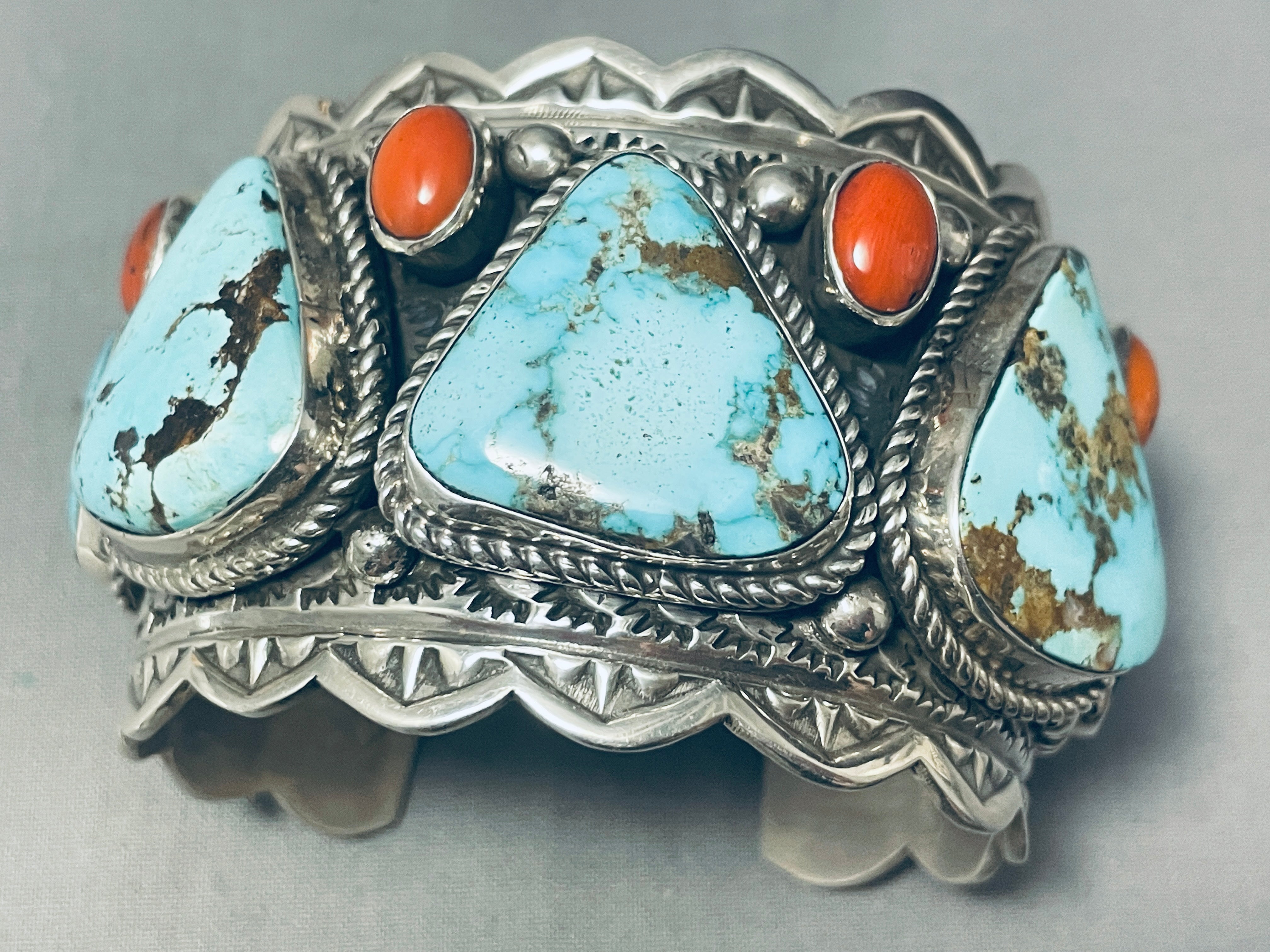 171g Native American Navajo Turquoise Coral Sterling Silver Bracelet for Men - Handcrafted Southwest Jewelry for Gifts, Weddings & Spiritual Healing