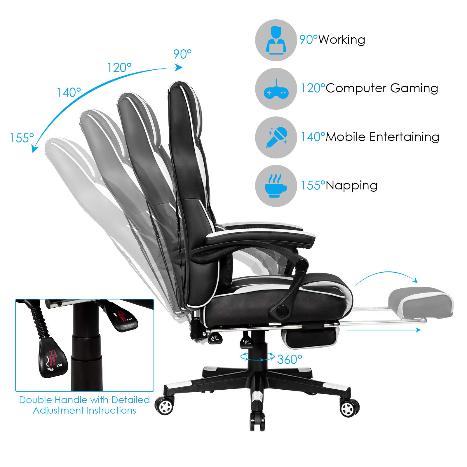 Premium POWERSTONE Gaming Chair - Adjustable High Back Ergonomic Computer Chair with Footrest, Lumbar Support & Massage Headrest | Thick Padded Armrests, 360° Swivel & Rolling Wheels | White Office/Home Gaming Desk Chair for PC & Console Gamers