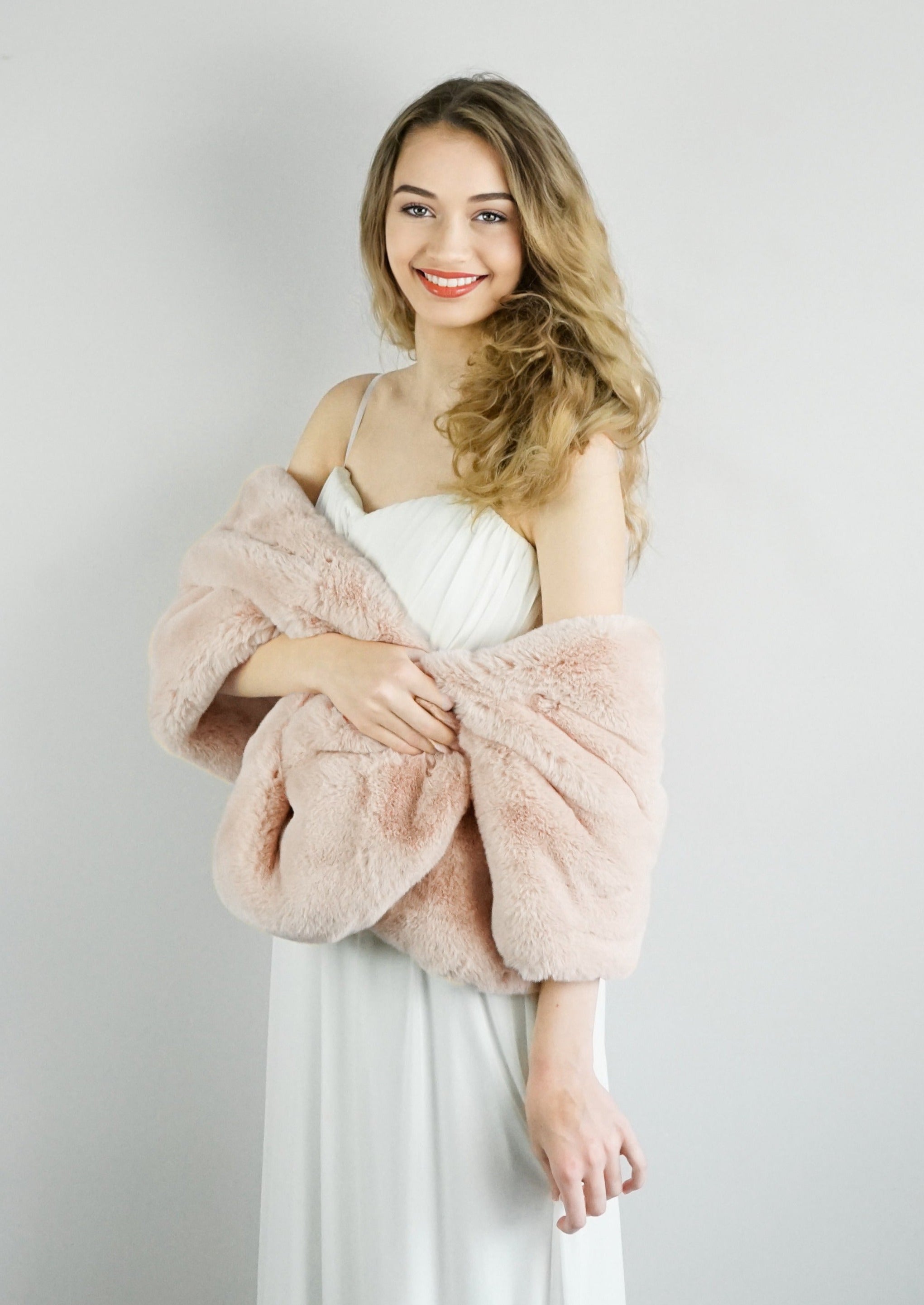 Elegant Blush Faux Fur Wedding Cape - Audrey Blu05 Bridal Shawl for Winter Weddings & Photo Shoots
