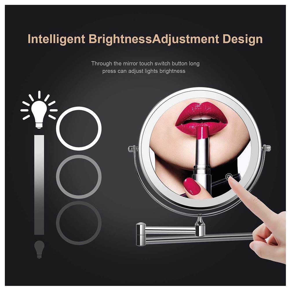 10x Magnifying Wall Mounted Makeup Mirror with LED Lights - 360° Swivel & Extendable Brushed Nickel Bathroom Vanity Mirror - Touch Control & USB Charging (8 Inch, Black) - Perfect for Makeup Application, Shaving, and Skincare Routines
